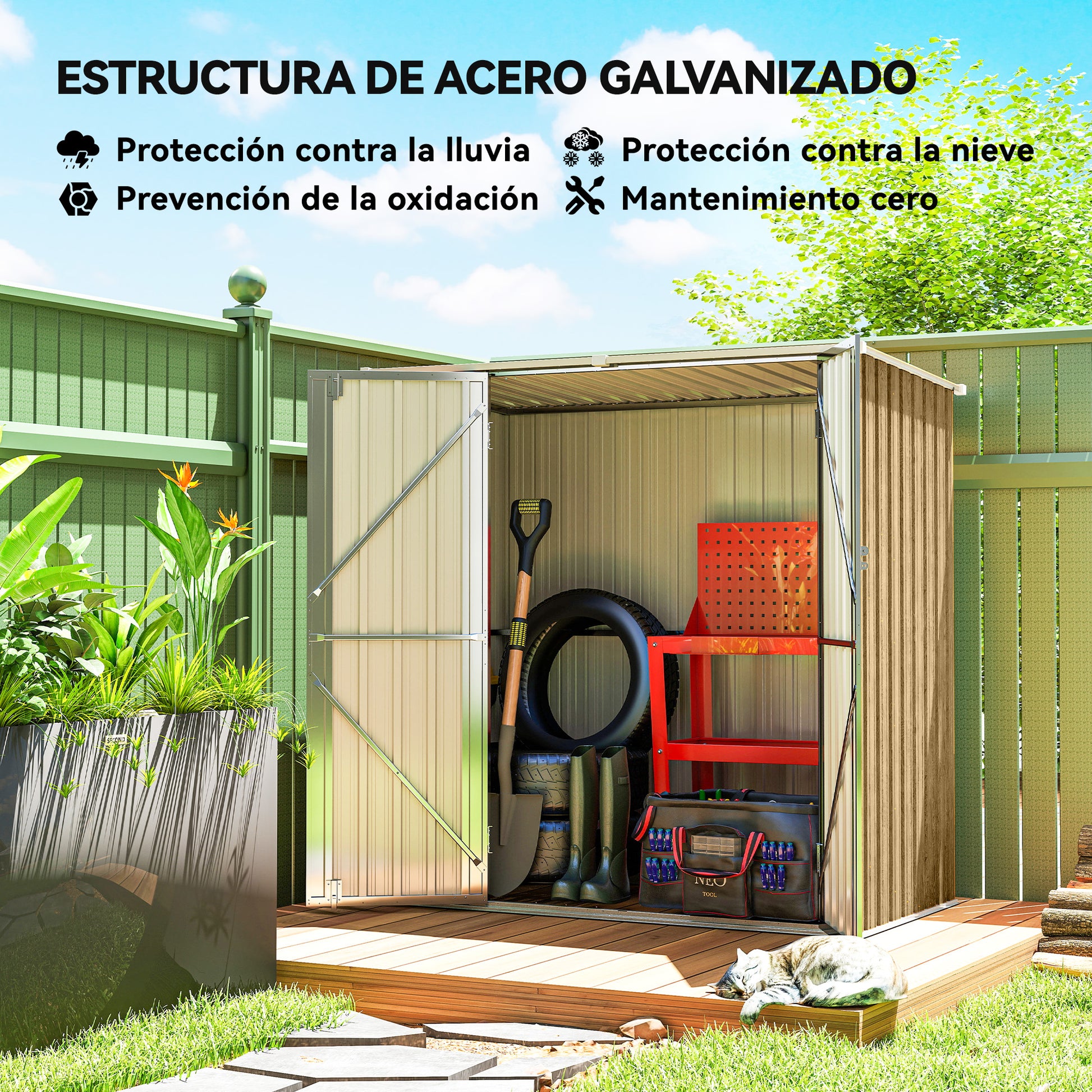 Outsunny Caseta de Jardín Exterior 1,37 m², 163x89x163 cm, Cobertizo de Jardín Exterior Metálico con Techo Inclinado, Puertas con Pestillo y Guantes para Almacenamiento de Herramientas, Marrón Claro