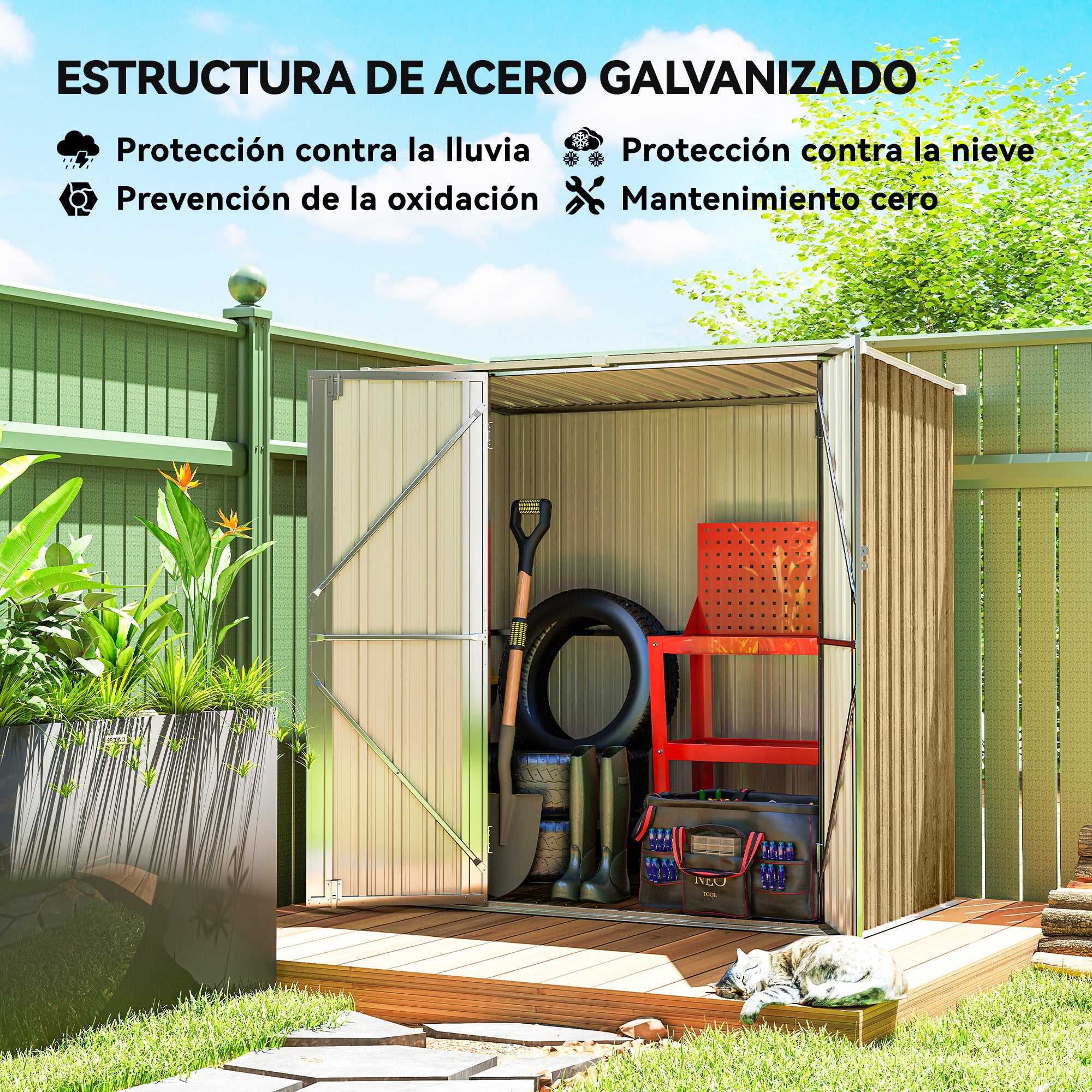 Outsunny Caseta de Jardín Exterior 1,37 m², 163x89x163 cm, Cobertizo de Jardín Exterior Metálico con Techo Inclinado, Puertas con Pestillo y Guantes para Almacenamiento de Herramientas, Marrón Claro