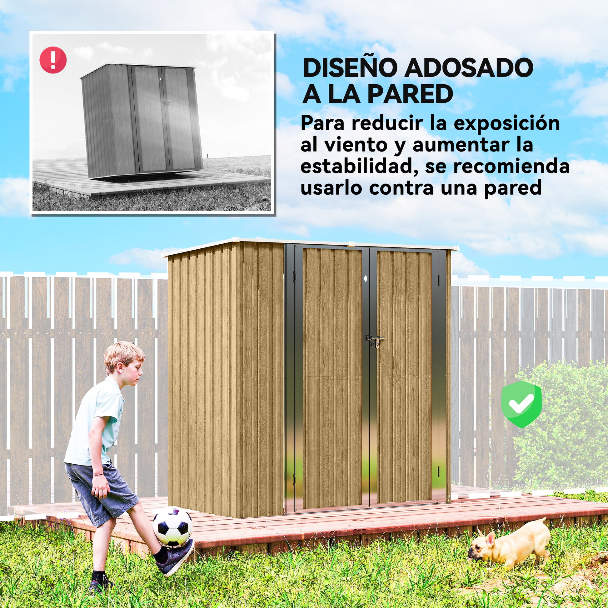 Outsunny Caseta de Jardín Exterior 1,37 m², 163x89x163 cm, Cobertizo de Jardín Exterior Metálico con Techo Inclinado, Puertas con Pestillo y Guantes para Almacenamiento de Herramientas, Marrón Claro