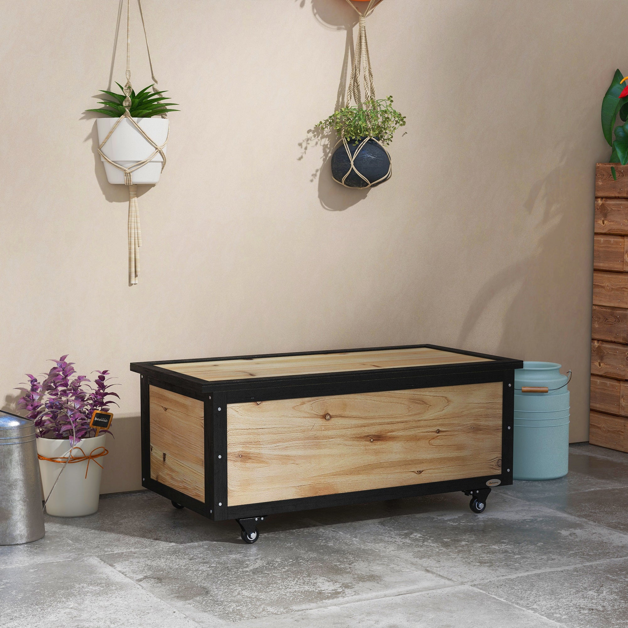 Outsunny Baúl de Exterior 121L Arcón Almacenaje de Madera con 4 Ruedas para Jardín Patio Balcón 100x50x43 cm Natural y Negro