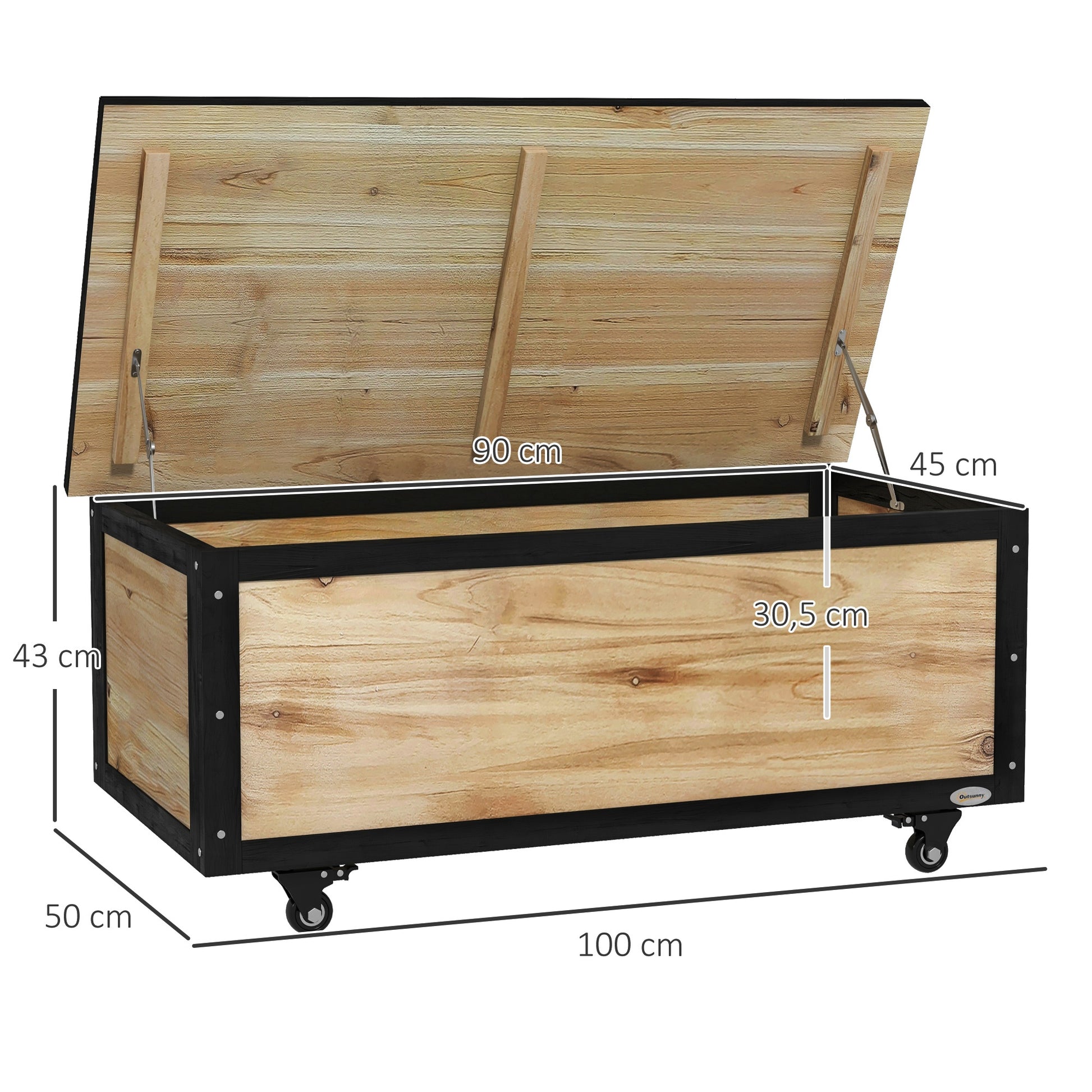 Outsunny Baúl de Exterior 121L Arcón Almacenaje de Madera con 4 Ruedas para Jardín Patio Balcón 100x50x43 cm Natural y Negro