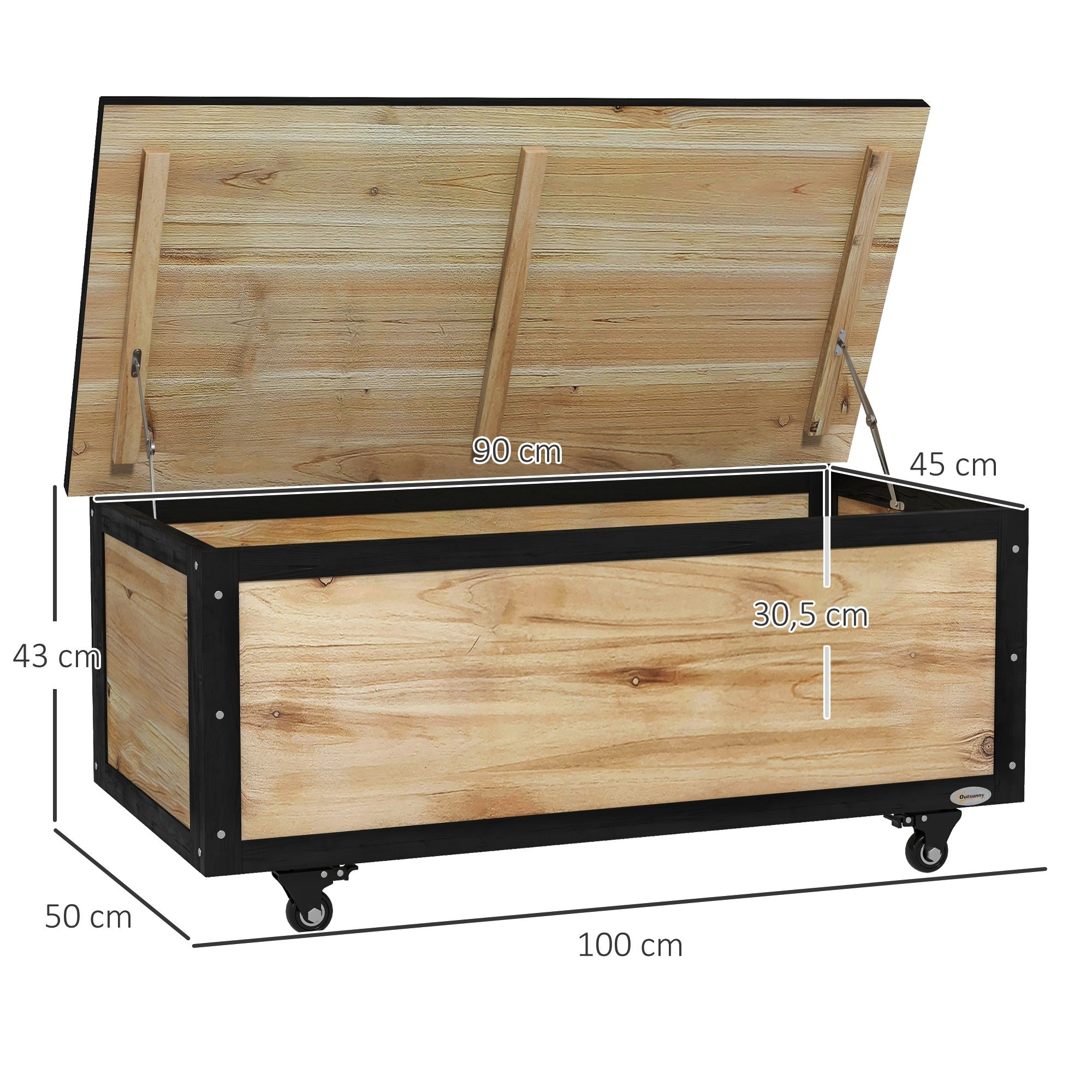 Outsunny Baúl de Exterior 121L Arcón Almacenaje de Madera con 4 Ruedas para Jardín Patio Balcón 100x50x43 cm Natural y Negro