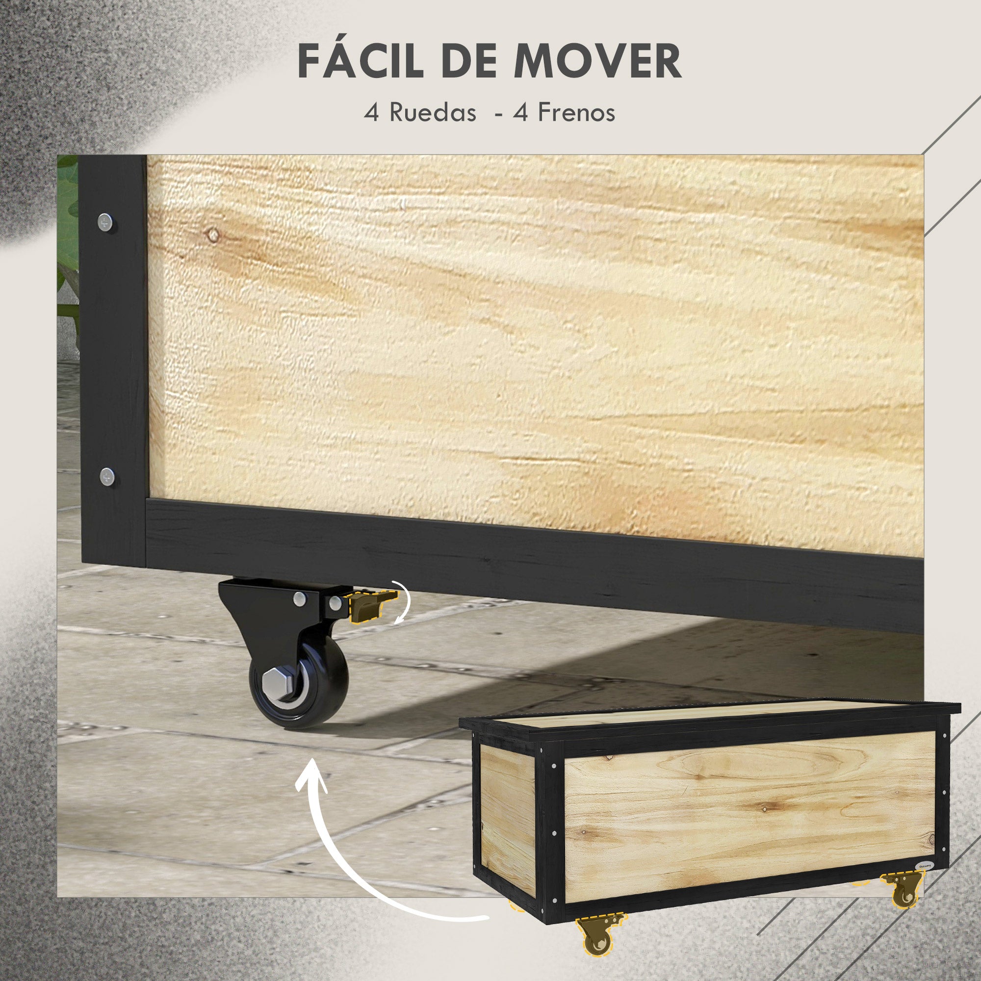 Outsunny Baúl de Exterior 121L Arcón Almacenaje de Madera con 4 Ruedas para Jardín Patio Balcón 100x50x43 cm Natural y Negro