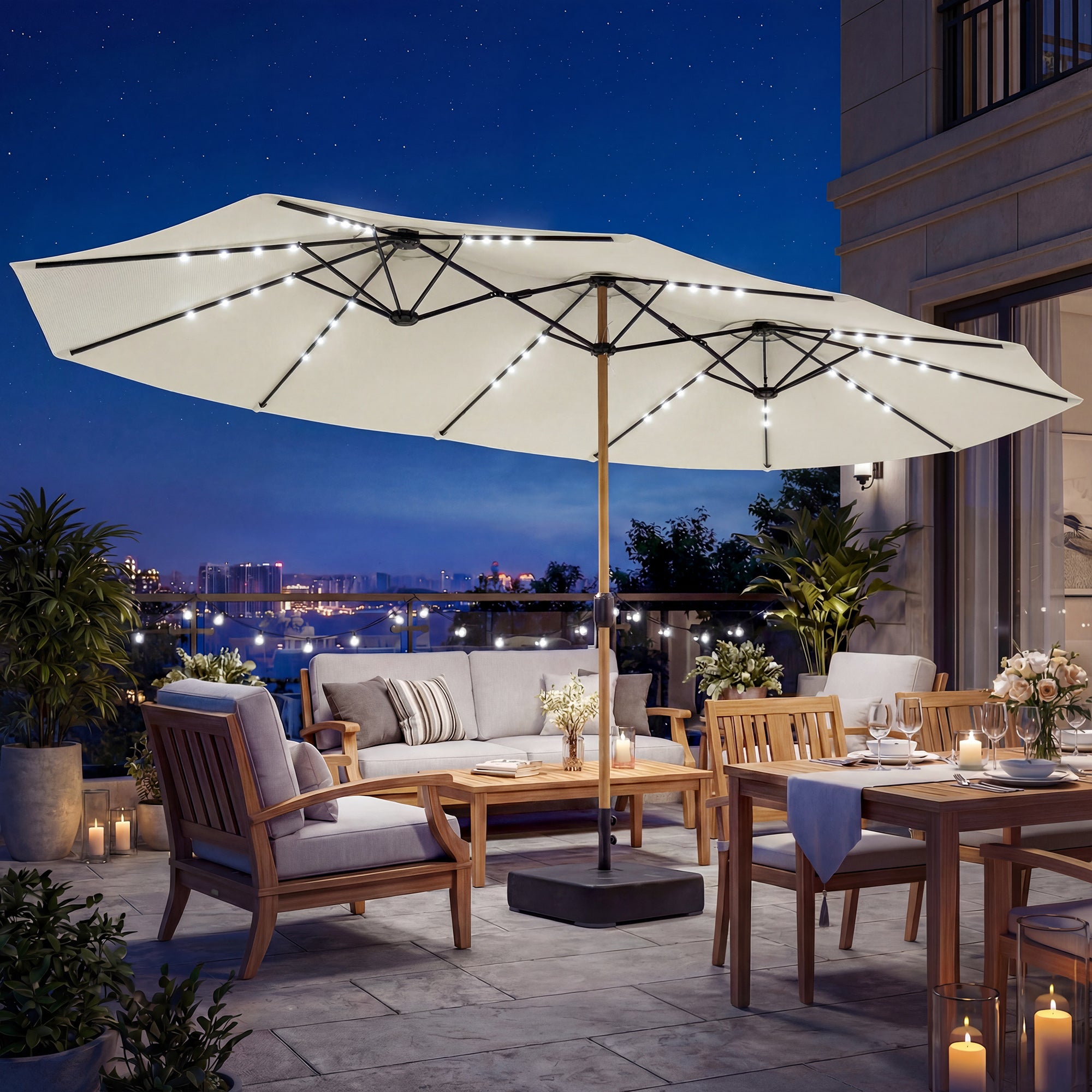 Outsunny Sombrilla Doble con 48 Luces LED, 4,6x2,6 m, Sombrilla Terraza Exterior con Base Incluida, Manivela, Sacos Arena, Funda, Anti-UV, Resistente al Agua, Parasol para Jardín, Terraza, Crema