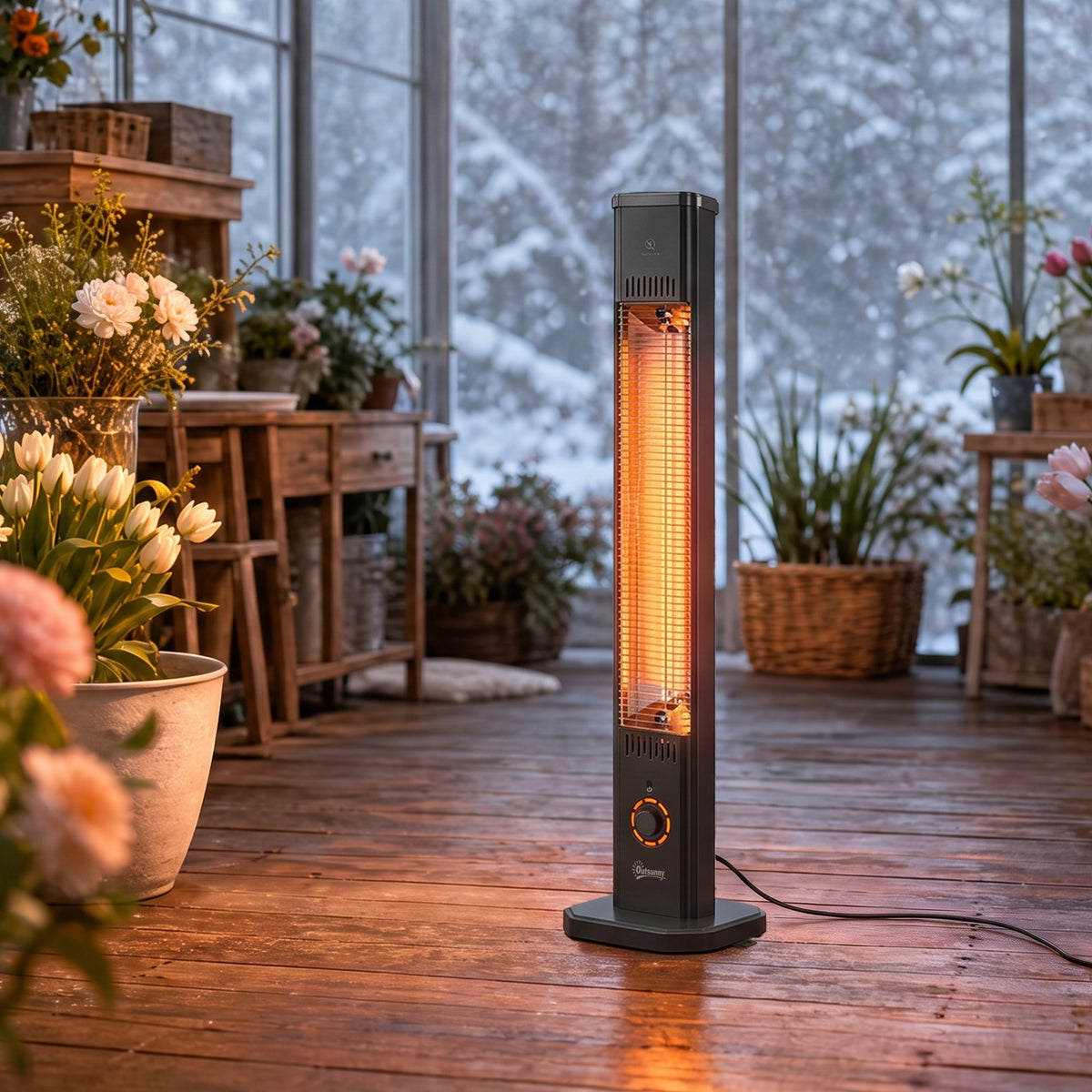 Outsunny Calefactor por Infrarrojos Terraza 2000 W, Estufa Exterior Eléctrica de Pie o Pared con Control por Mando/Control Giratorio, IP65, 9 Niveles Calor, Temporizador 8 h, Apagado Inclinación Funda