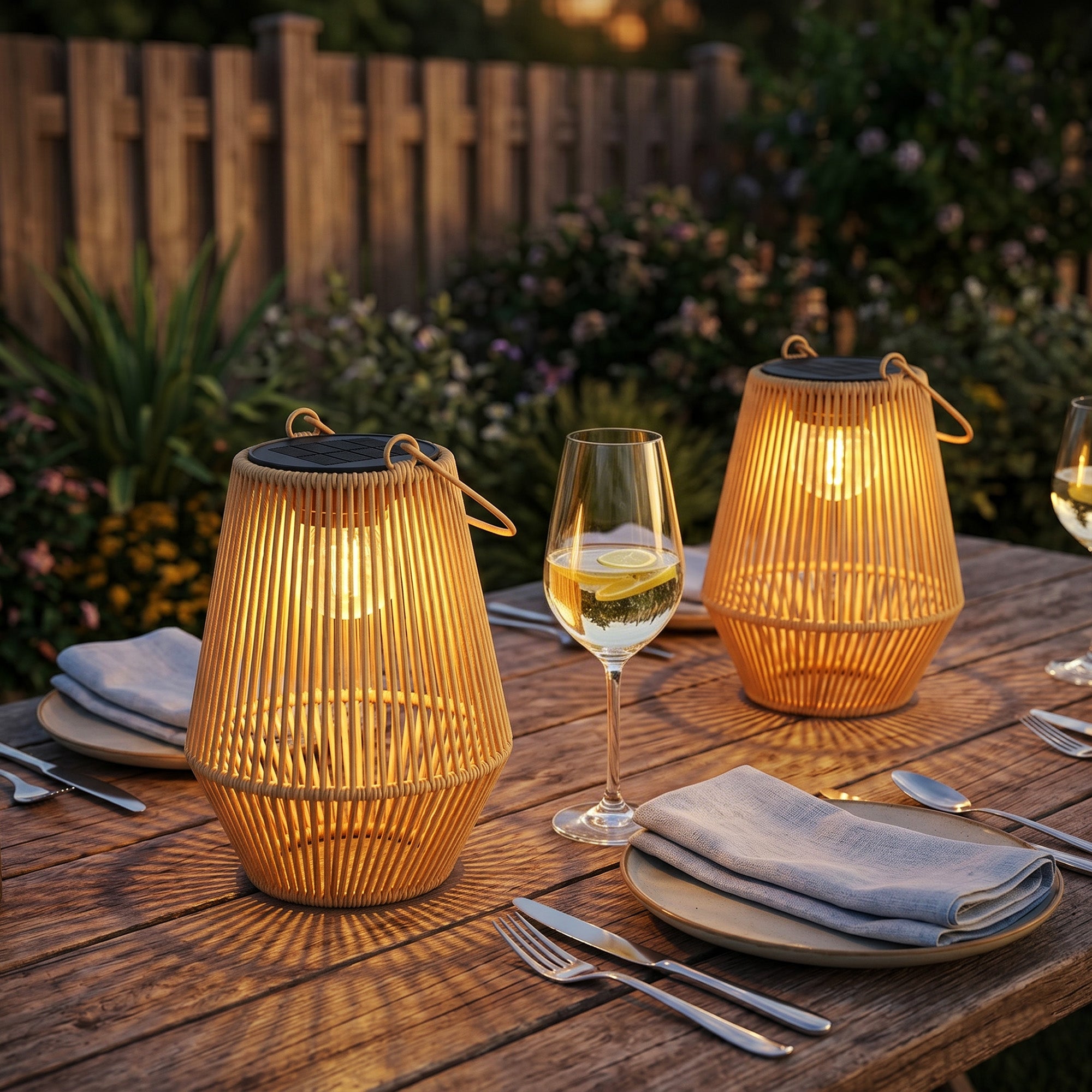 Outsunny Set de 2 Farolillos Solares Exterior, Linternas de Jardín de Ratán Colgantes con Encendido y Apagado Automático, IP44, Asa, Lámparas para Terraza, Balcón, Patio, 16x16x21 cm, Marrón
