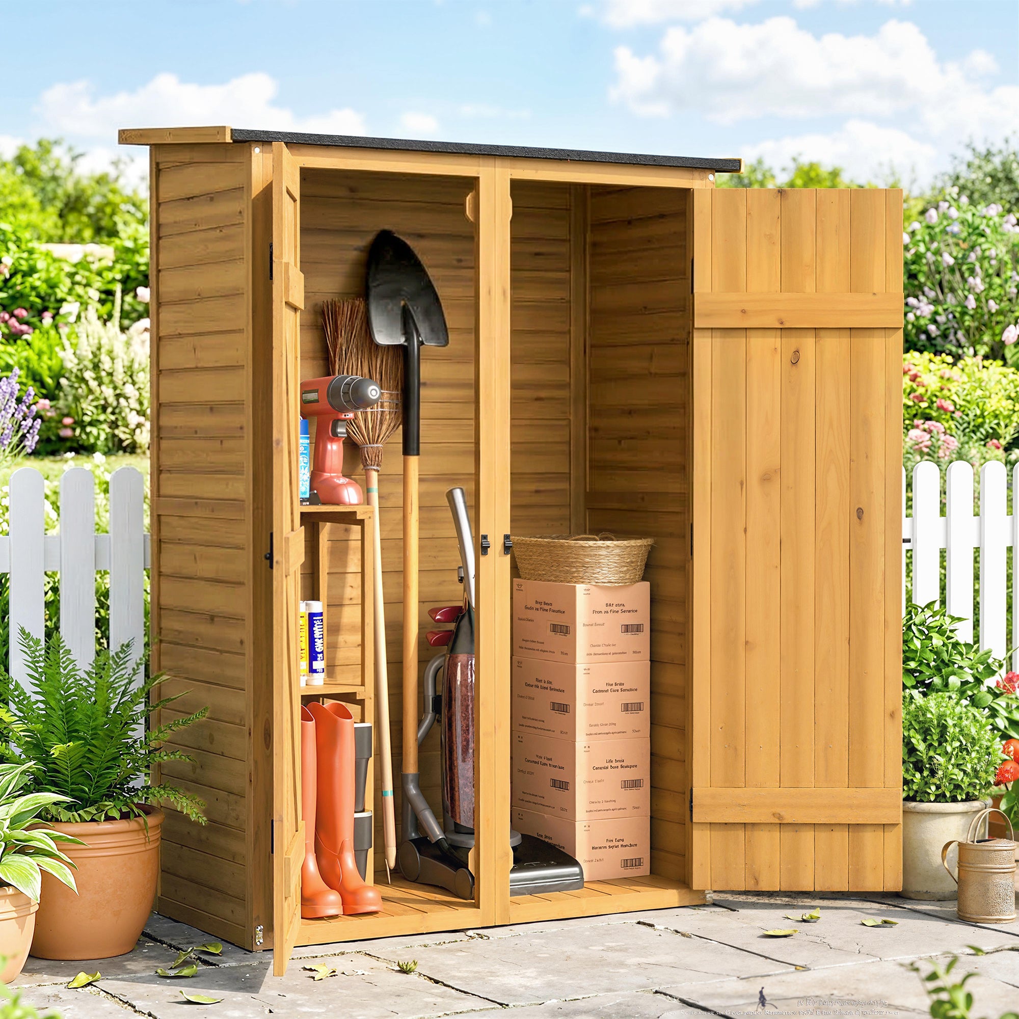 Outsunny Caseta de Jardín de Madera 115x53x156 cm Cobertizo Jardín Exterior Armario Exterior para Herramientas con Puertas Dobles con Pestillo 2 Estantes y Techo Inclinado Fijación con Estacas Marrón