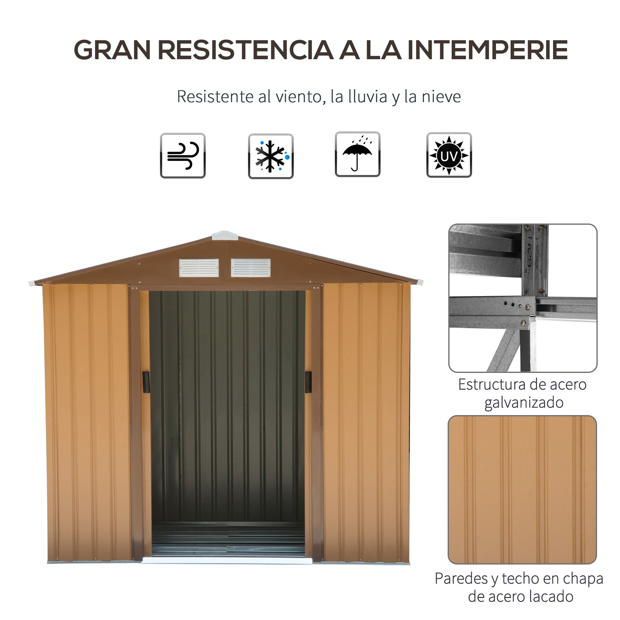 Outsunny Cobertizo de Jardín 2,42m² con Base de Refuerzo Sin Suelo 213x130x185 cm Caseta de Jardín Exterior con 2 Puertas Correderas y 4 Ventanas para Almacenamiento de Herramientas Caqui