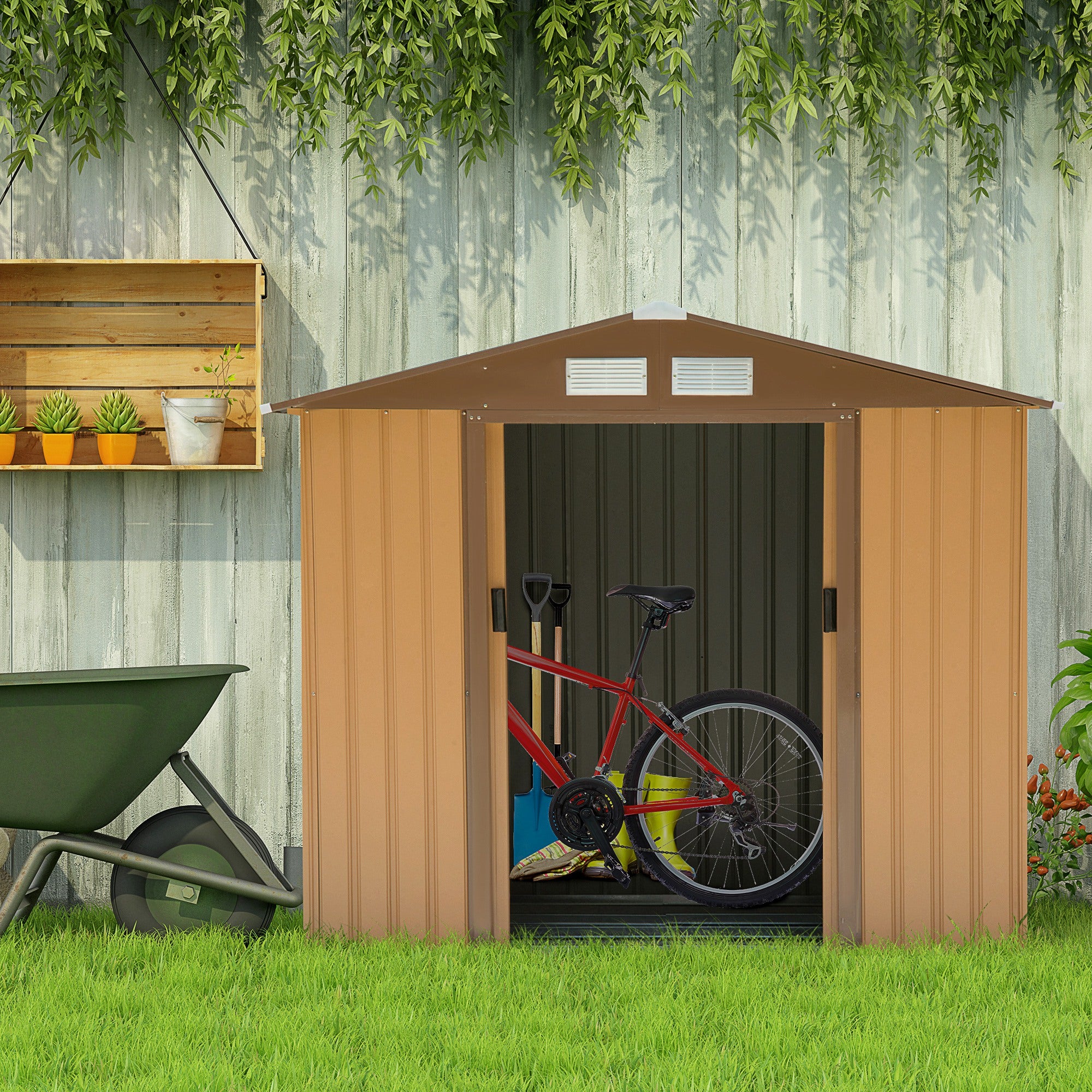 Outsunny Cobertizo de Jardín 2,42m² con Base de Refuerzo Sin Suelo 213x130x185 cm Caseta de Jardín Exterior con 2 Puertas Correderas y 4 Ventanas para Almacenamiento de Herramientas Caqui