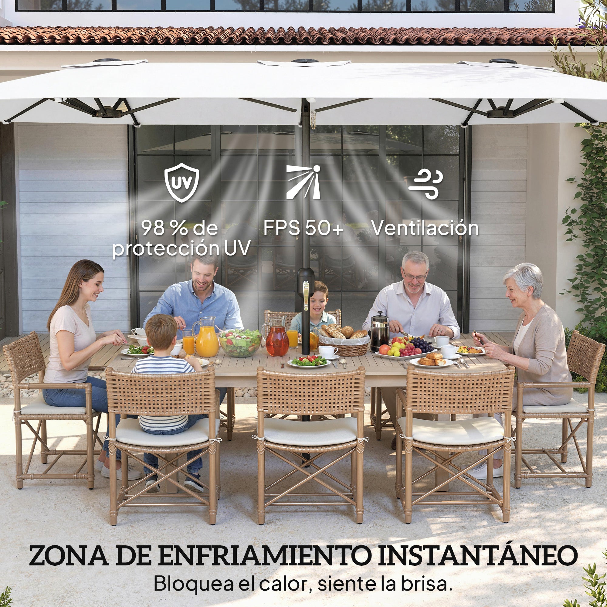 Outsunny Sombrilla Doble 4,6x2,6 m, Sombrilla Terraza Exterior con Manivela Manual, Protección UV50+, Funda Protectora, Resistente al Agua, Parasol para Jardín, Terraza, Patio, Blanco