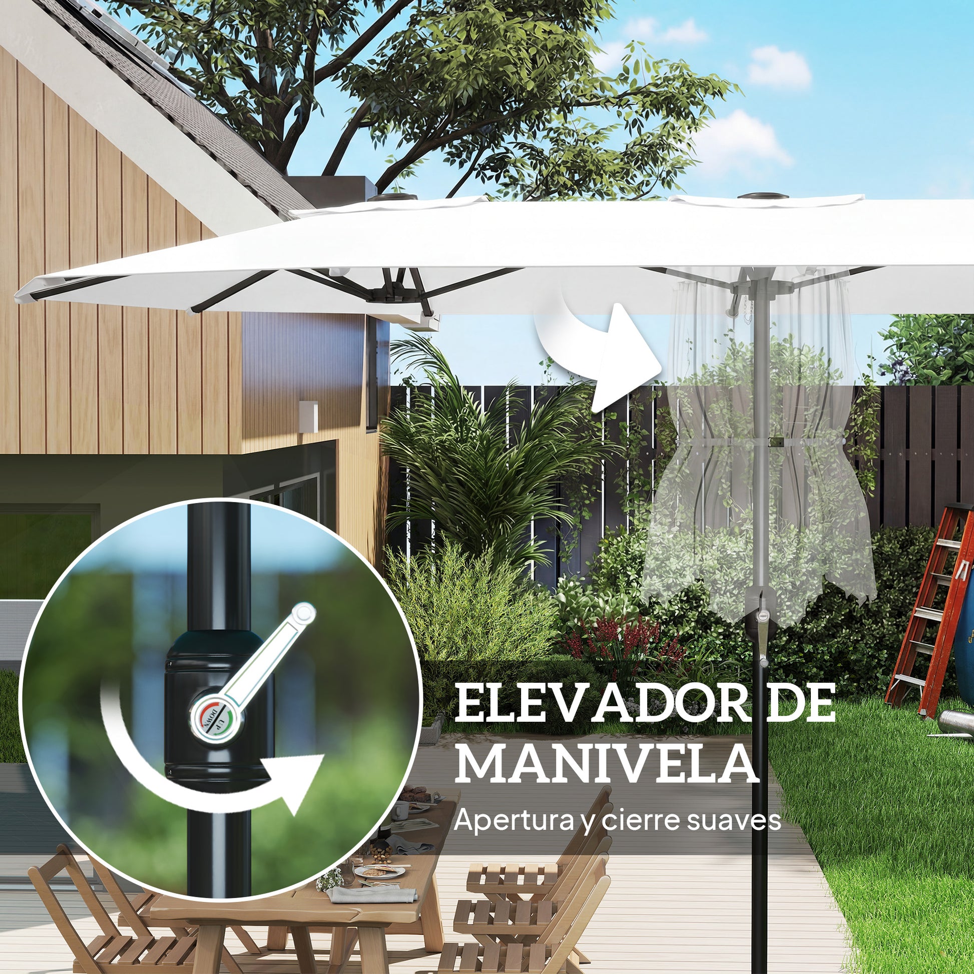 Outsunny Sombrilla Doble 4,6x2,6 m, Sombrilla Terraza Exterior con Manivela Manual, Protección UV50+, Funda Protectora, Resistente al Agua, Parasol para Jardín, Terraza, Patio, Blanco