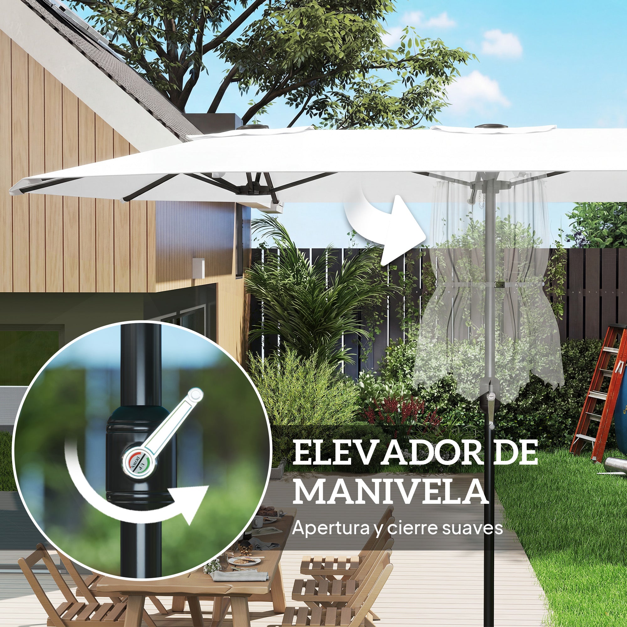 Outsunny Sombrilla Doble 4,6x2,6 m, Sombrilla Terraza Exterior con Manivela Manual, Protección UV50+, Funda Protectora, Resistente al Agua, Parasol para Jardín, Terraza, Patio, Blanco