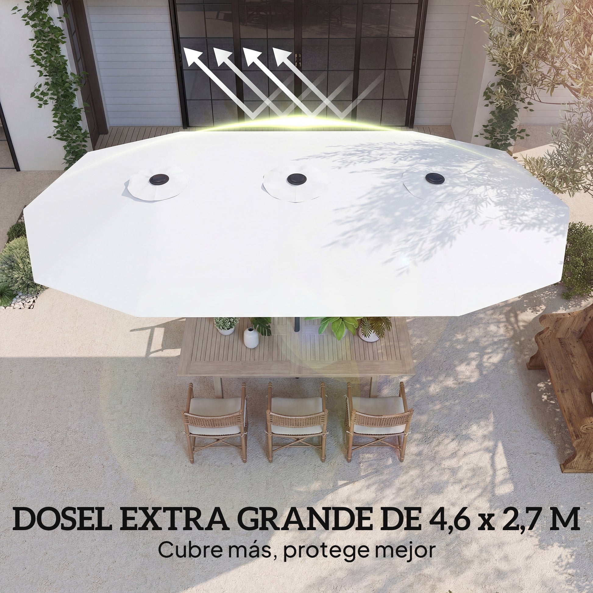 Outsunny Sombrilla Doble 4,6x2,6 m, Sombrilla Terraza Exterior con Manivela Manual, Protección UV50+, Funda Protectora, Resistente al Agua, Parasol para Jardín, Terraza, Patio, Blanco
