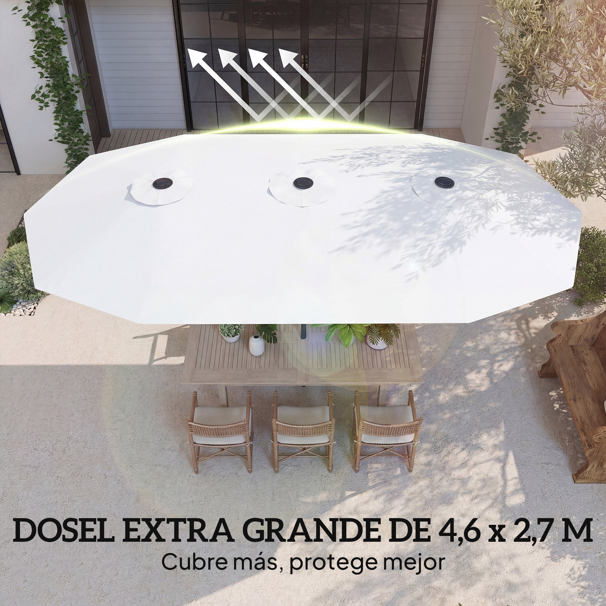Outsunny Sombrilla Doble 4,6x2,6 m, Sombrilla Terraza Exterior con Manivela Manual, Protección UV50+, Funda Protectora, Resistente al Agua, Parasol para Jardín, Terraza, Patio, Blanco