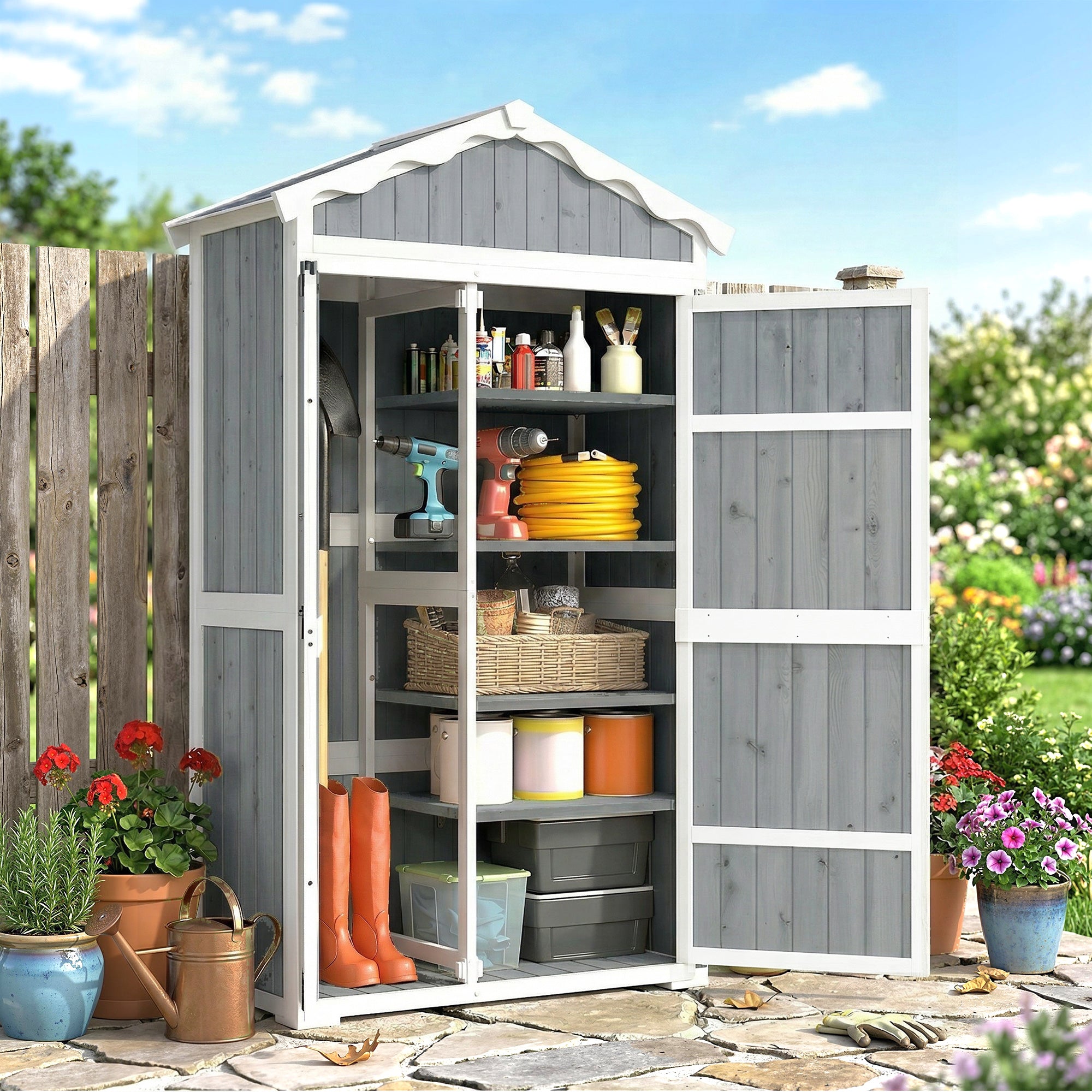 Outsunny Caseta de Jardín de Madera 105x55x179 cm Cobertizo Jardín Exterior Impermeable Armario Exterior Herramientas con Puertas 4 Estantes Extraíbles Techo Metal Galvanizado Pies Ajustables Gris