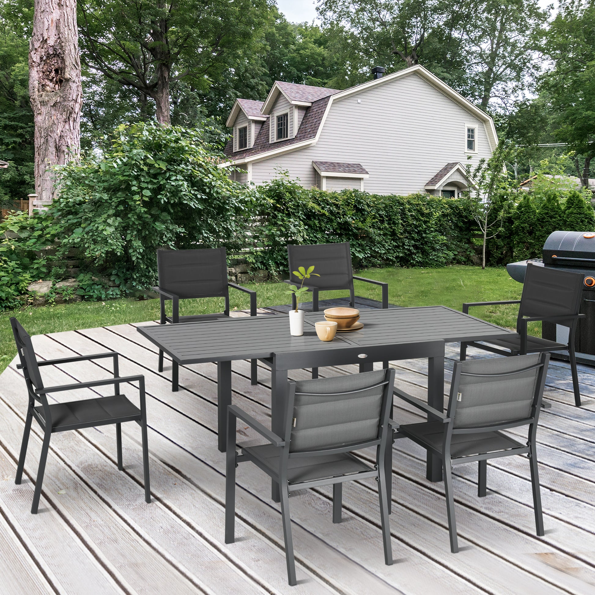 Outsunny Conjunto Muebles de Jardín 7 Piezas de Aluminio Juego de Comedor Exterior con Mesa Extensible y 6 Sillas Apilables y Asiento de Texteline 90-180x89x74 cm Gris