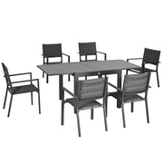 Outsunny Conjunto Muebles de Jardín 7 Piezas de Aluminio Juego de Comedor Exterior con Mesa Extensible y 6 Sillas Apilables y Asiento de Texteline 90-180x89x74 cm Gris