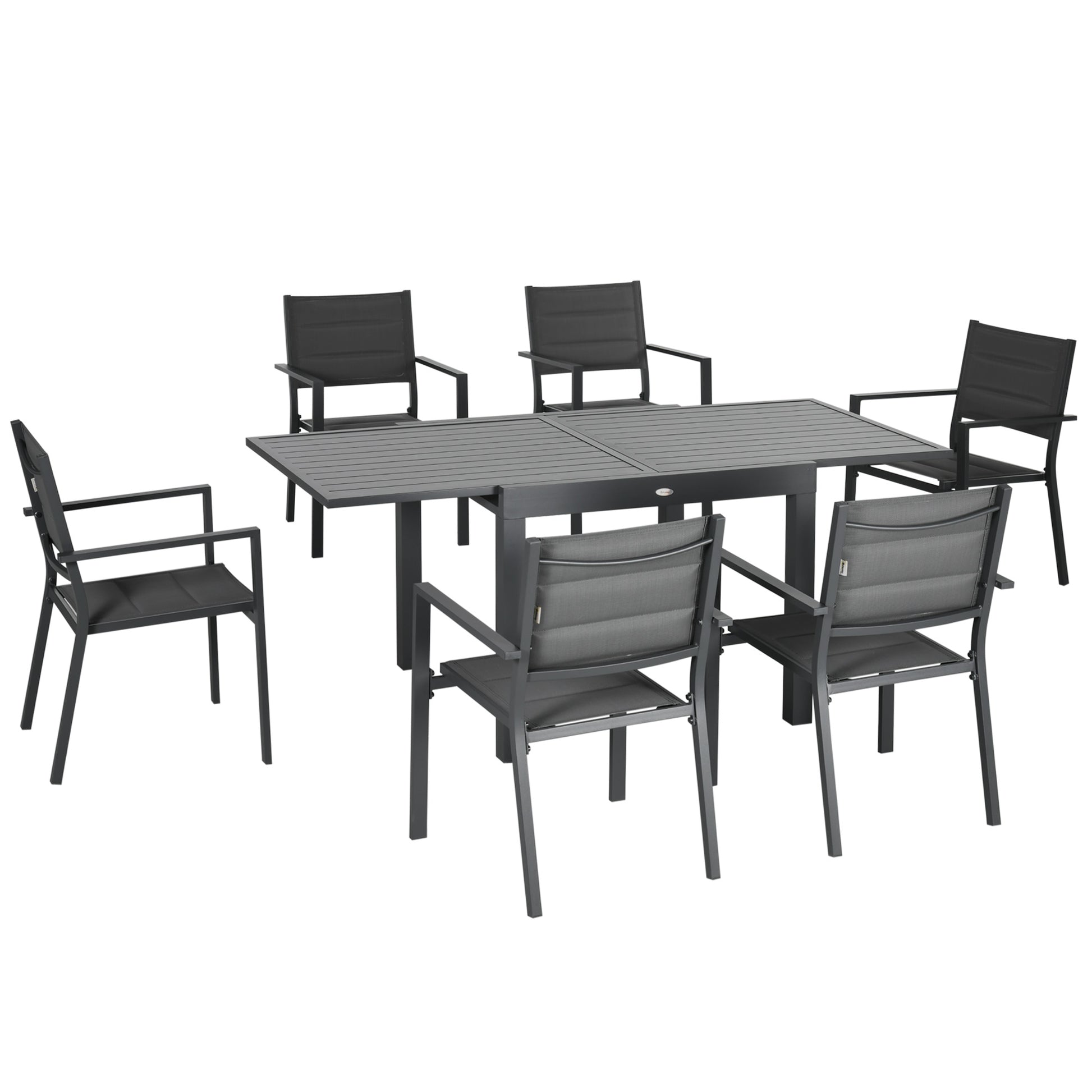 Outsunny Conjunto Muebles de Jardín 7 Piezas de Aluminio Juego de Comedor Exterior con Mesa Extensible y 6 Sillas Apilables y Asiento de Texteline 90-180x89x74 cm Gris