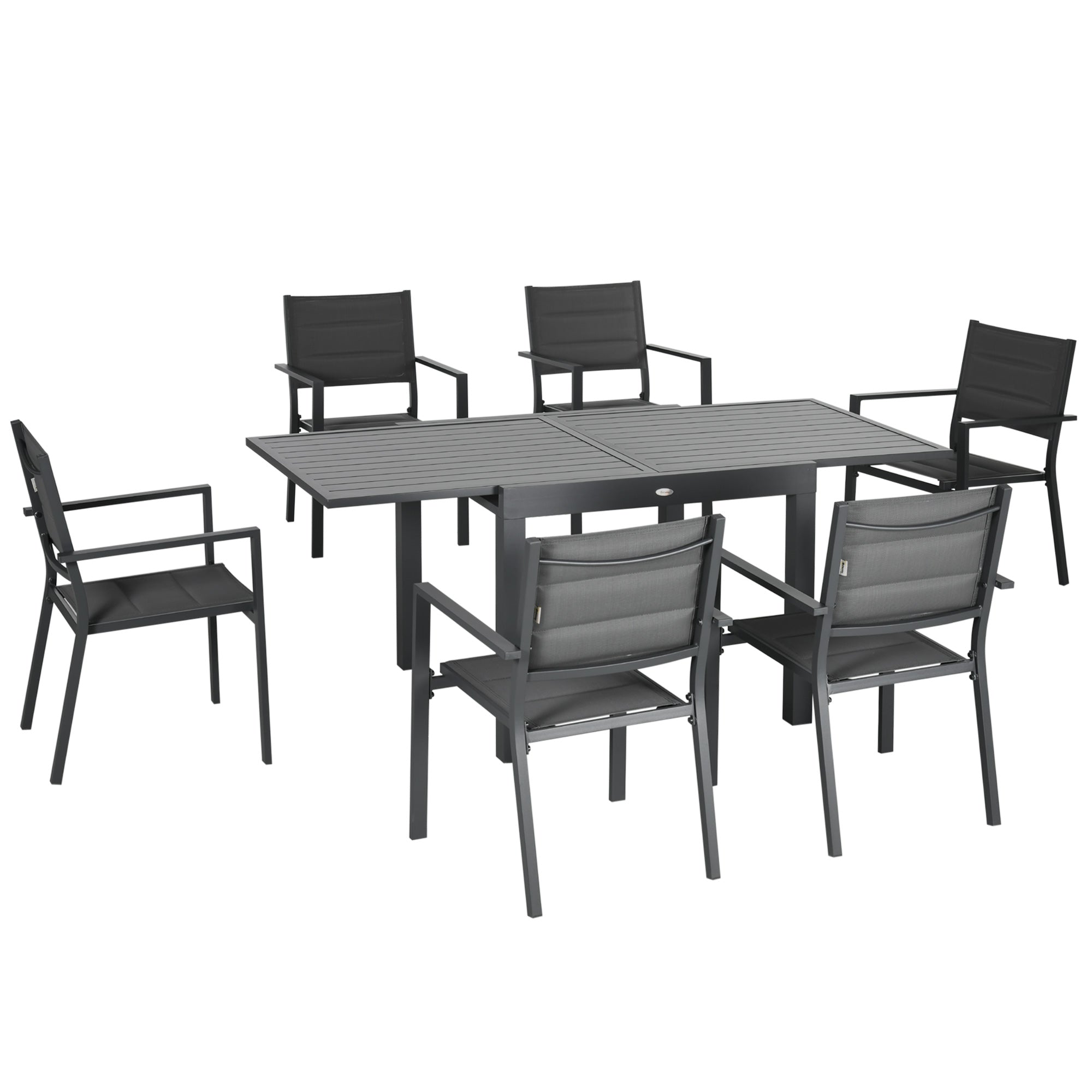 Outsunny Conjunto Muebles de Jardín 7 Piezas de Aluminio Juego de Comedor Exterior con Mesa Extensible y 6 Sillas Apilables y Asiento de Texteline 90-180x89x74 cm Gris