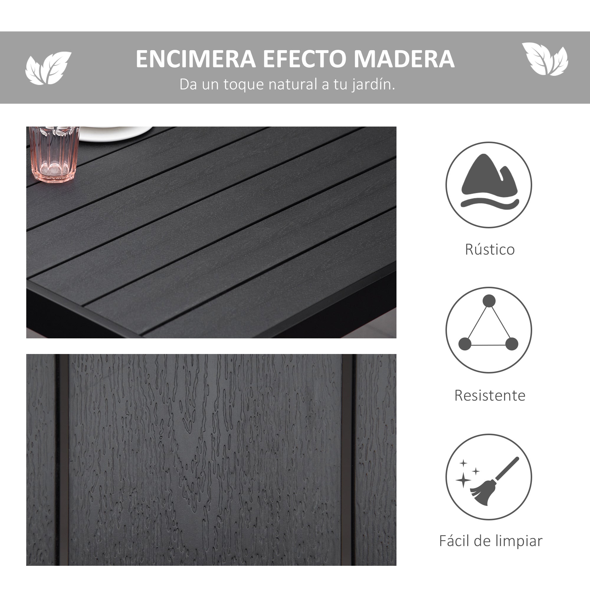 Outsunny Mesa de Comedor Exterior de Aluminio Mesa de Jardín Exterior para 8 Personas con Encimera de Listones para Terraza Balcón 190x90x74 cm Negro