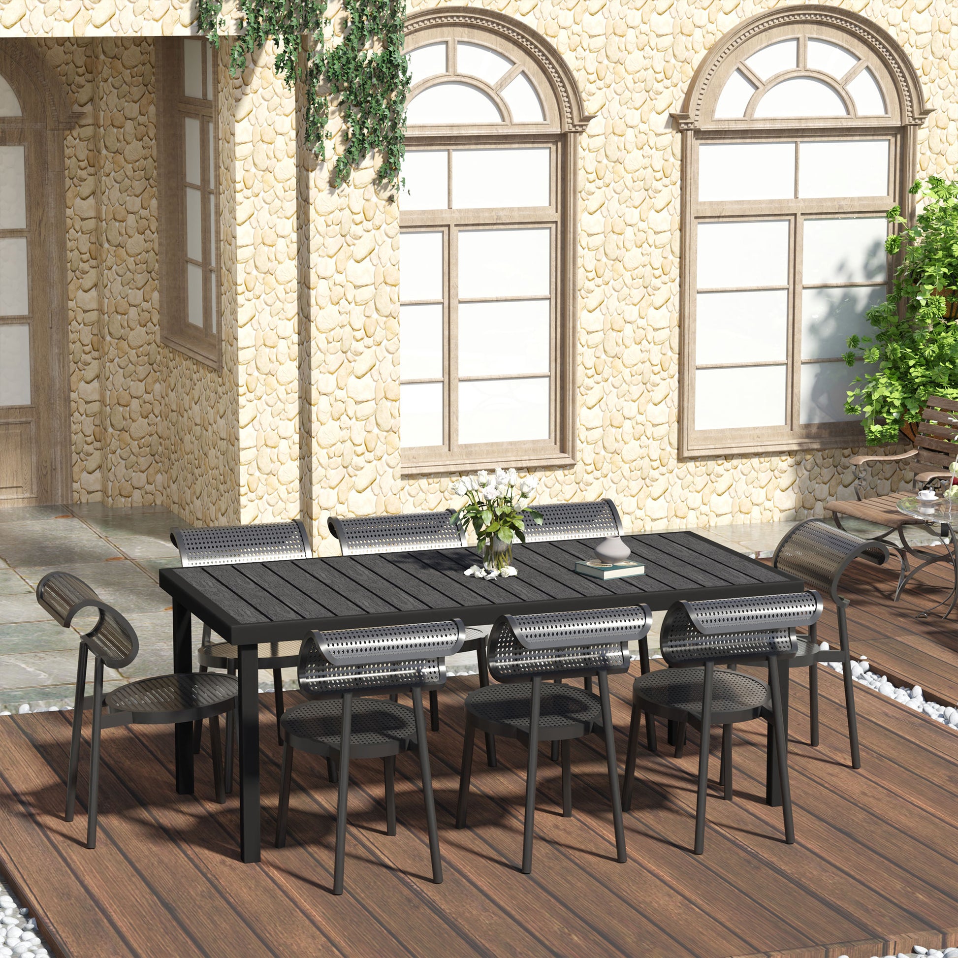 Outsunny Mesa de Comedor Exterior de Aluminio Mesa de Jardín Exterior para 8 Personas con Encimera de Listones para Terraza Balcón 190x90x74 cm Negro