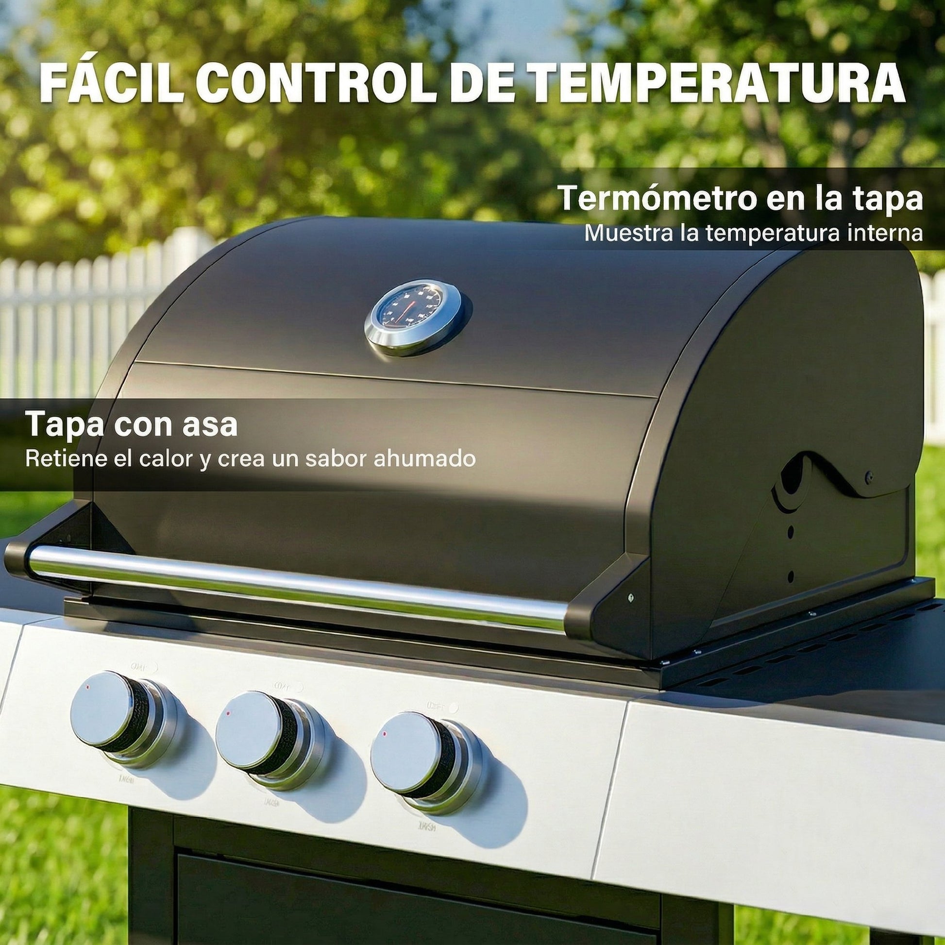 Outsunny Barbacoa de Gas BBQ Gas con 3 Quemadores 8,1 kW Barbacoa Portátil con Termómetro Mesas Laterales Armario Rejilla Calentadora Parrillas de Hierro Fundido Recogedor Grasa y 4 Ruedas Negro