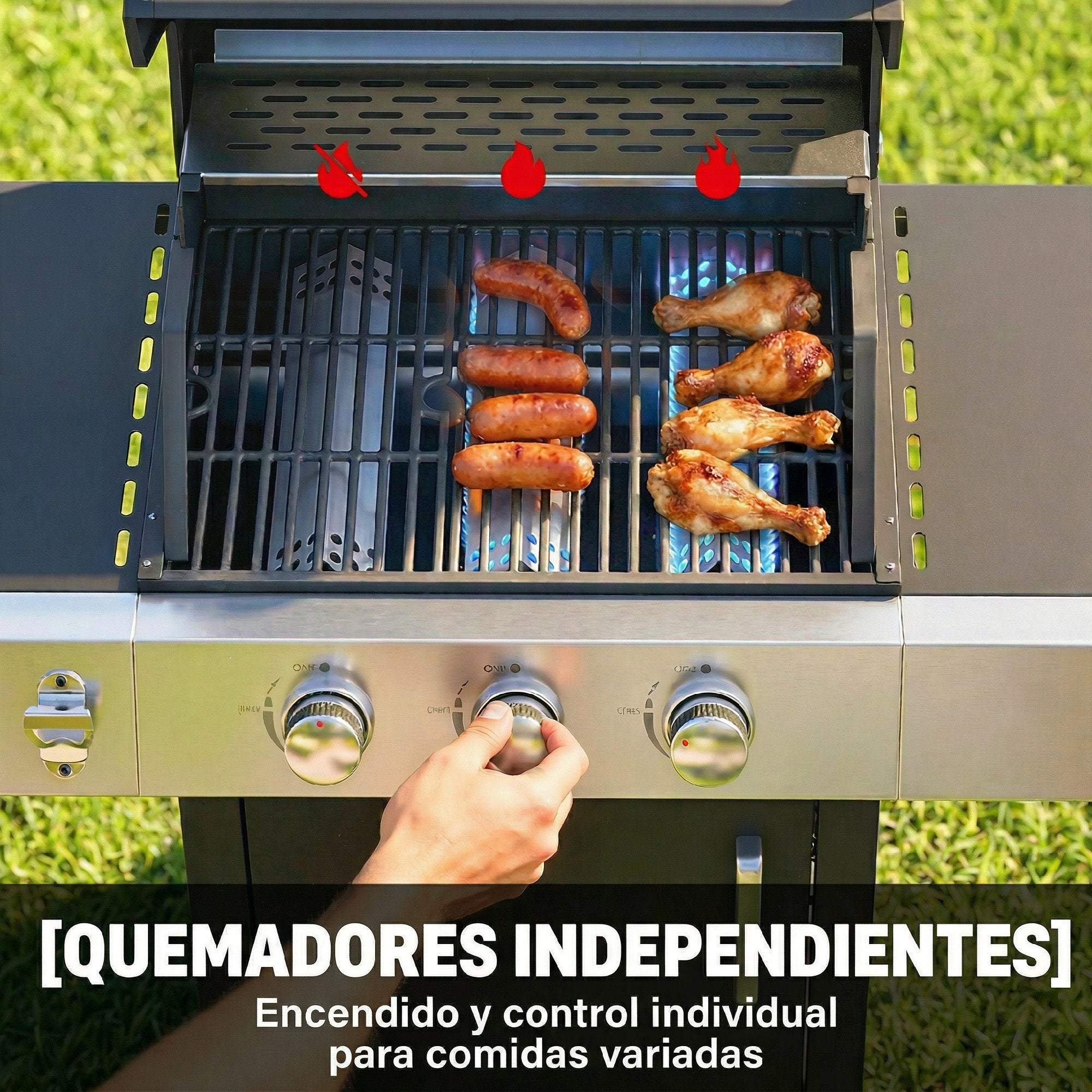 Outsunny Barbacoa de Gas BBQ Gas con 3 Quemadores 8,1 kW Barbacoa Portátil con Termómetro Mesas Laterales Armario Rejilla Calentadora Parrillas de Hierro Fundido Recogedor Grasa y 4 Ruedas Negro