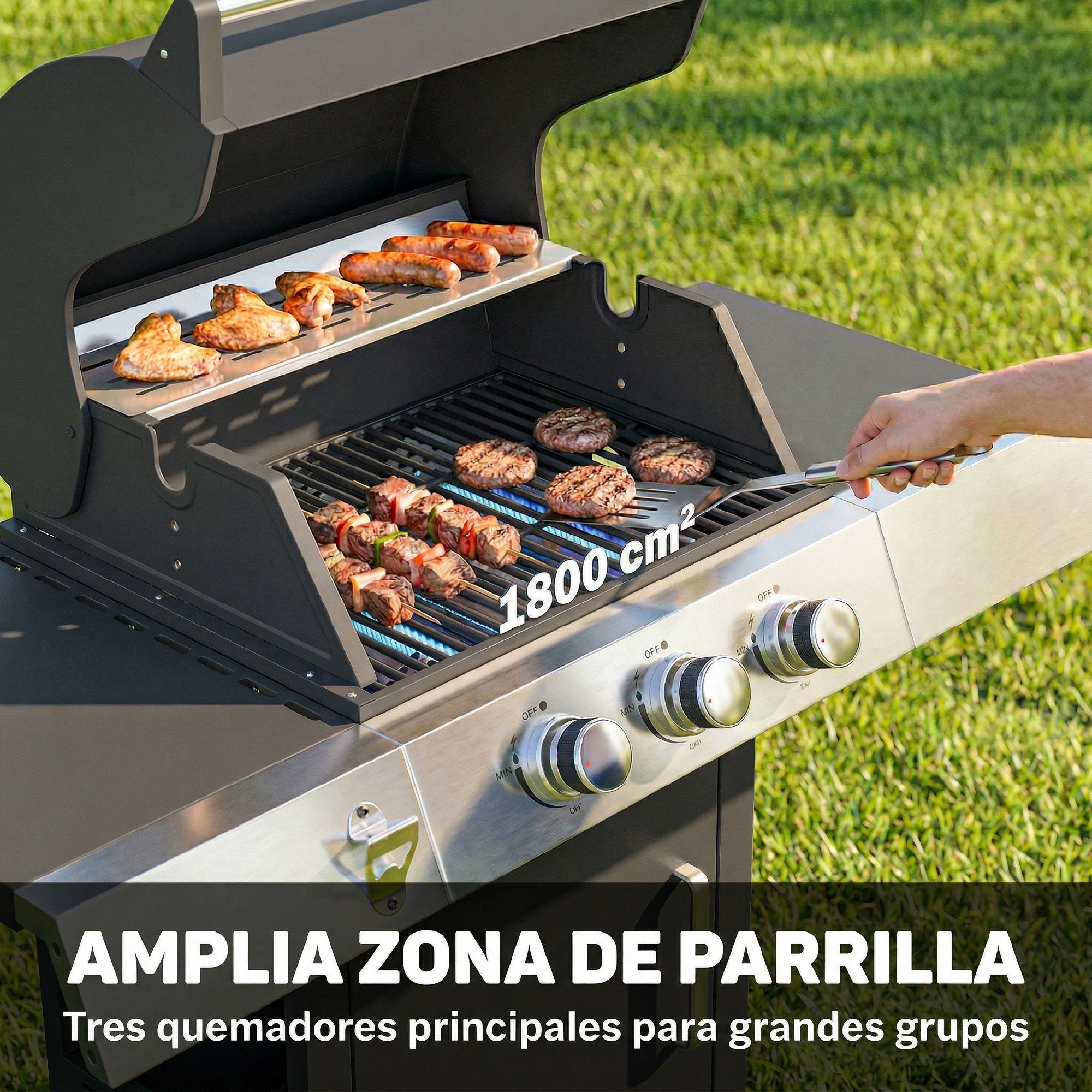 Outsunny Barbacoa de Gas BBQ Gas con 3 Quemadores 8,1 kW Barbacoa Portátil con Termómetro Mesas Laterales Armario Rejilla Calentadora Parrillas de Hierro Fundido Recogedor Grasa y 4 Ruedas Negro