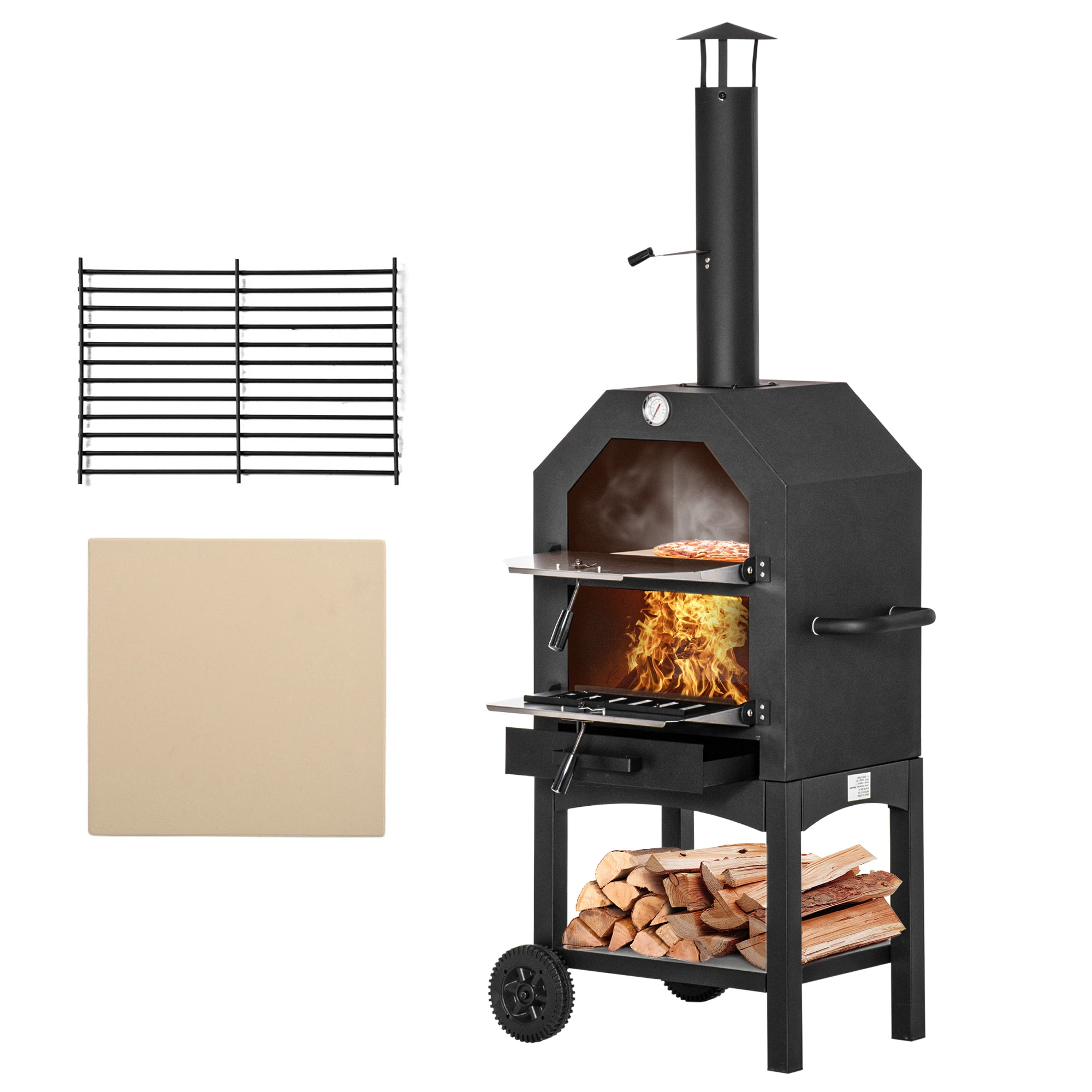 Outsunny Horno de Pizza Exterior con 2 Capas Horno de Leña con Ruedas Cajón Extraíble Estante de Almacenamiento para Terraza Camping Patio 64x54x160 cm Negro