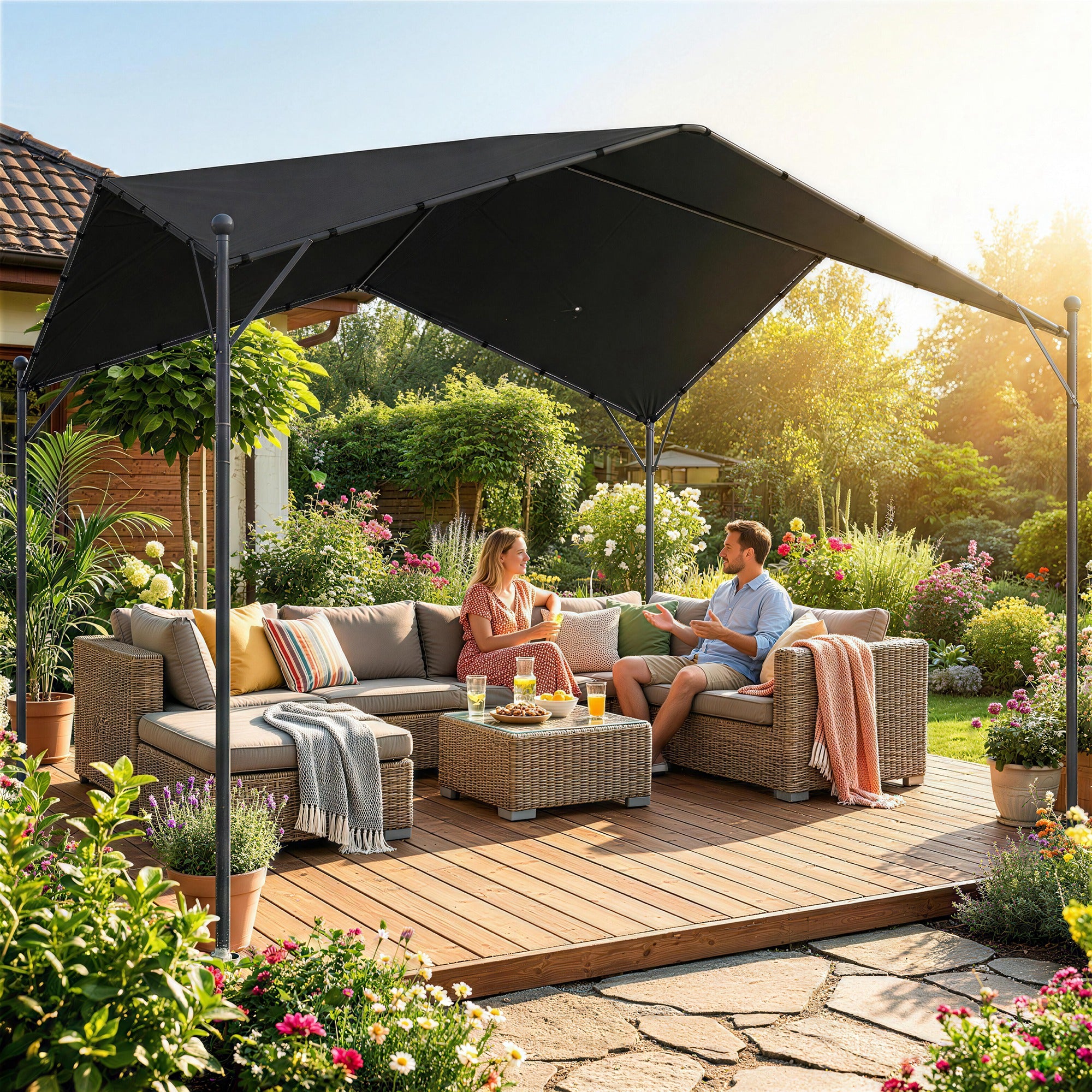 Outsunny Pérgola de Jardín 3x3 m, Cenador de Jardín con Techo Inclinado, Dosel UPF30+ y Estructura de Metal Galvanizado, Pabellón para Exterior, Patio, Terraza, Gris Oscuro