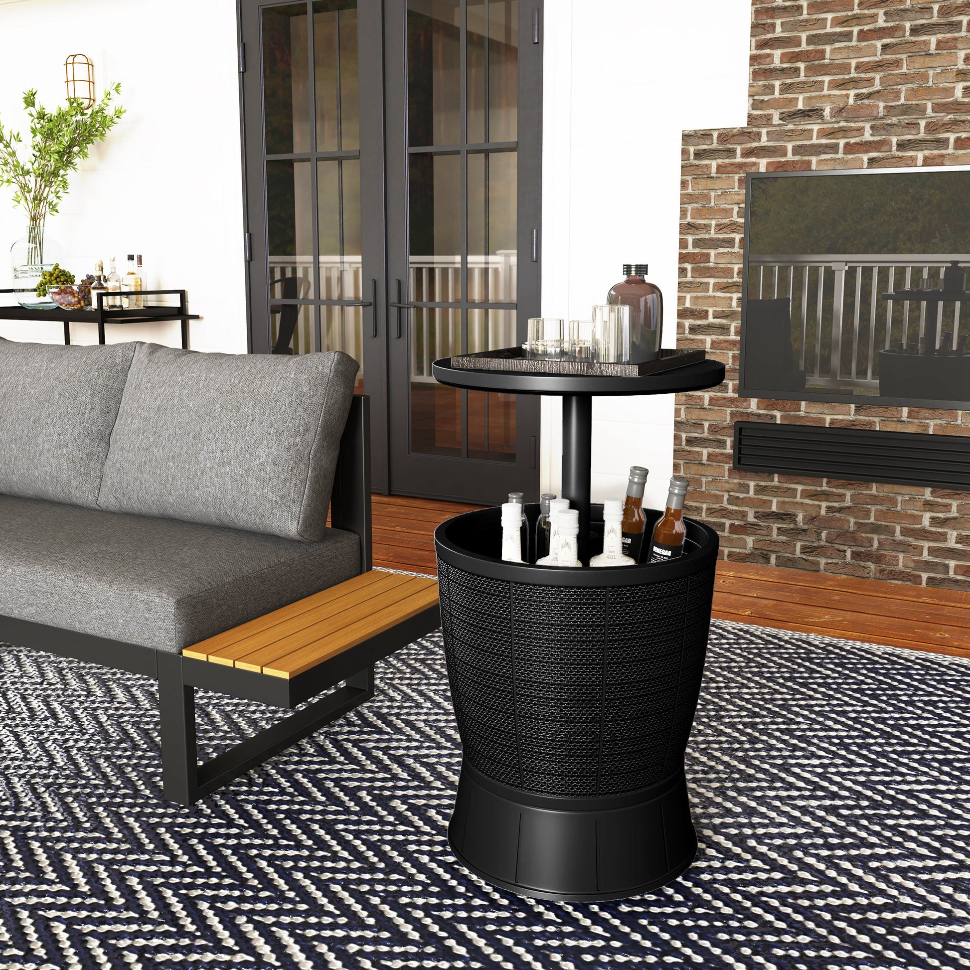 Outsunny Mesa Nevera para Exterior, 41 L, 3 en 1, Cool Bar, Mesa Auxiliar, Altura Ajustable 58-84 cm, con Cubo de Hielo, Tapa Superior Elevable, para Fiesta, Piscina, Jardín, Patio, Negro