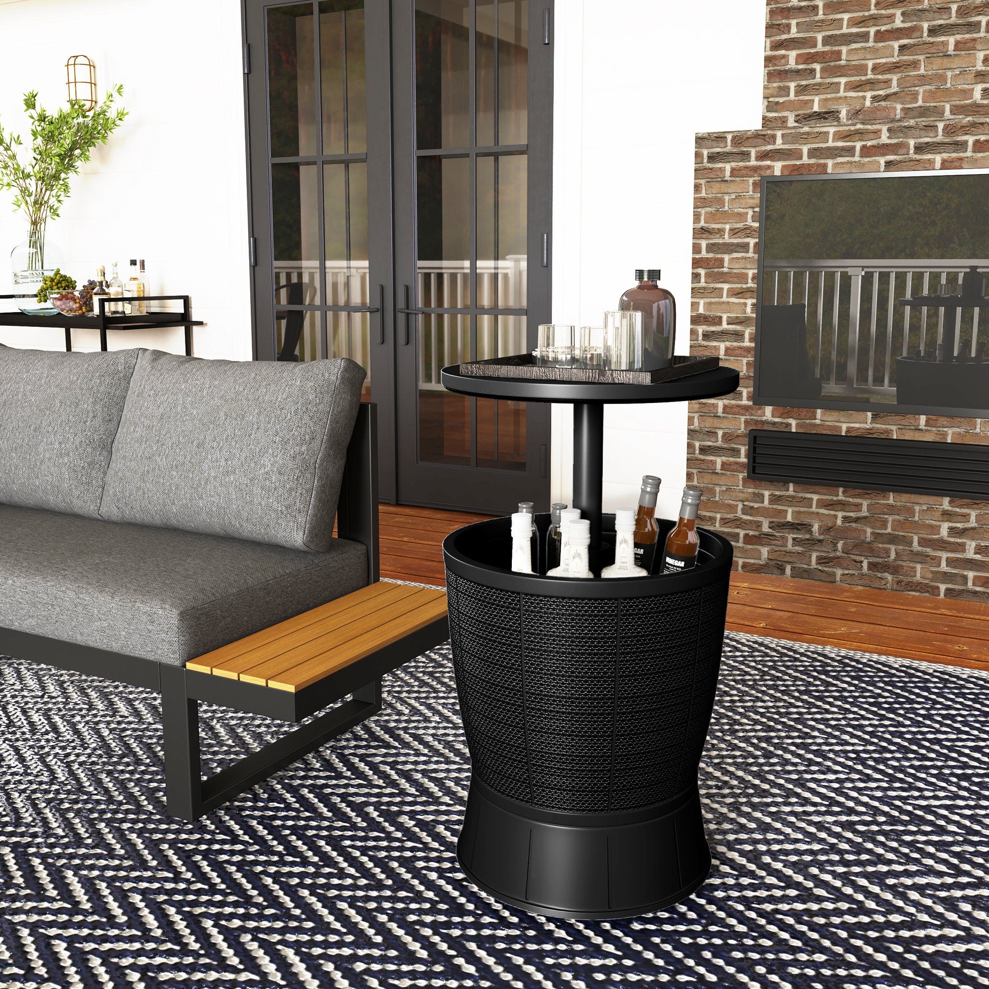 Outsunny Mesa Nevera para Exterior, 41 L, 3 en 1, Cool Bar, Mesa Auxiliar, Altura Ajustable 58-84 cm, con Cubo de Hielo, Tapa Superior Elevable, para Fiesta, Piscina, Jardín, Patio, Negro