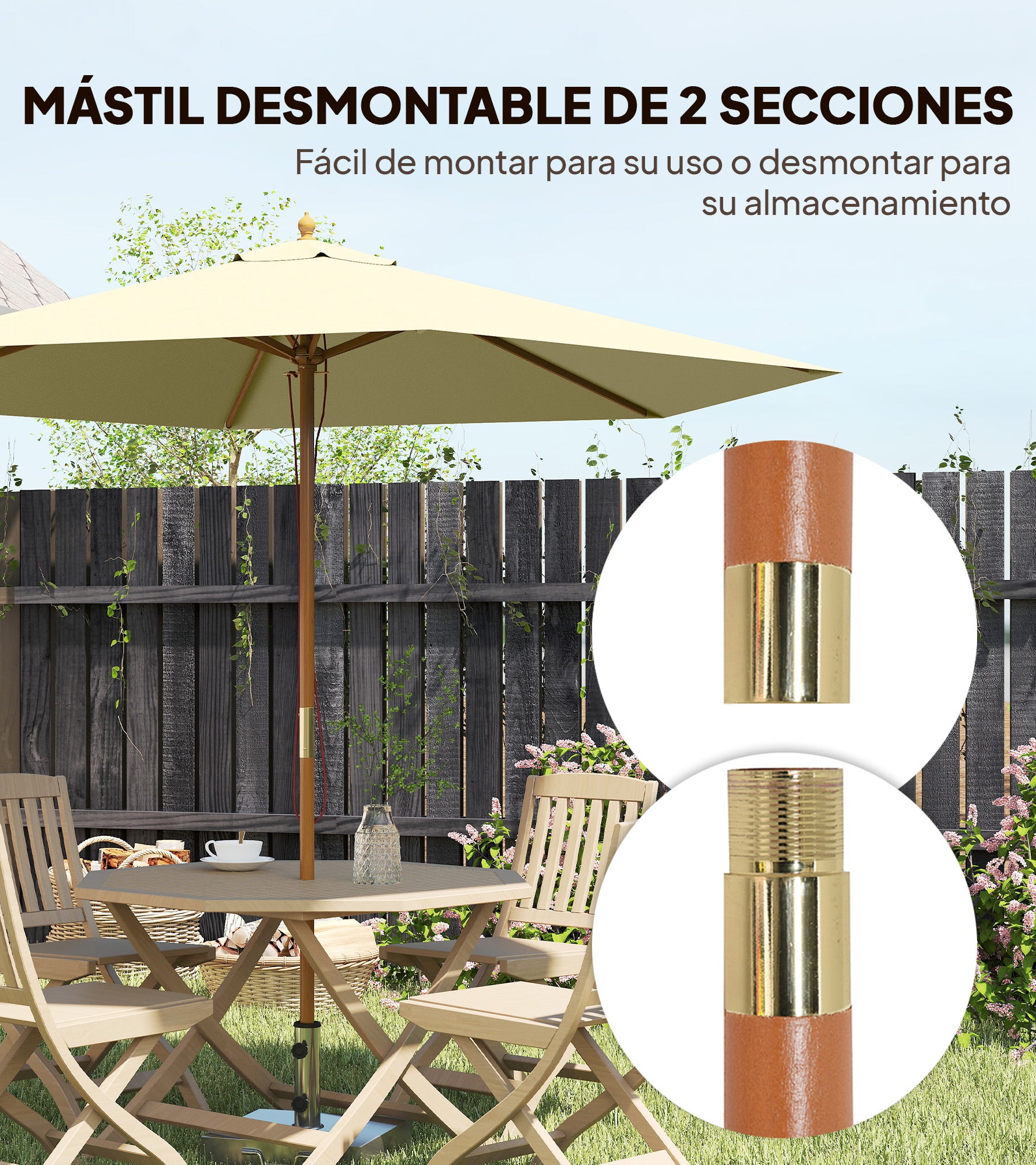 Outsunny Sombrilla de Jardín Ø250x230 cm Parasol de Terraza con 6 Varillas Poste Desmontable Anti-UV Impermeable y Marco de Madera para Playa Patio Crema