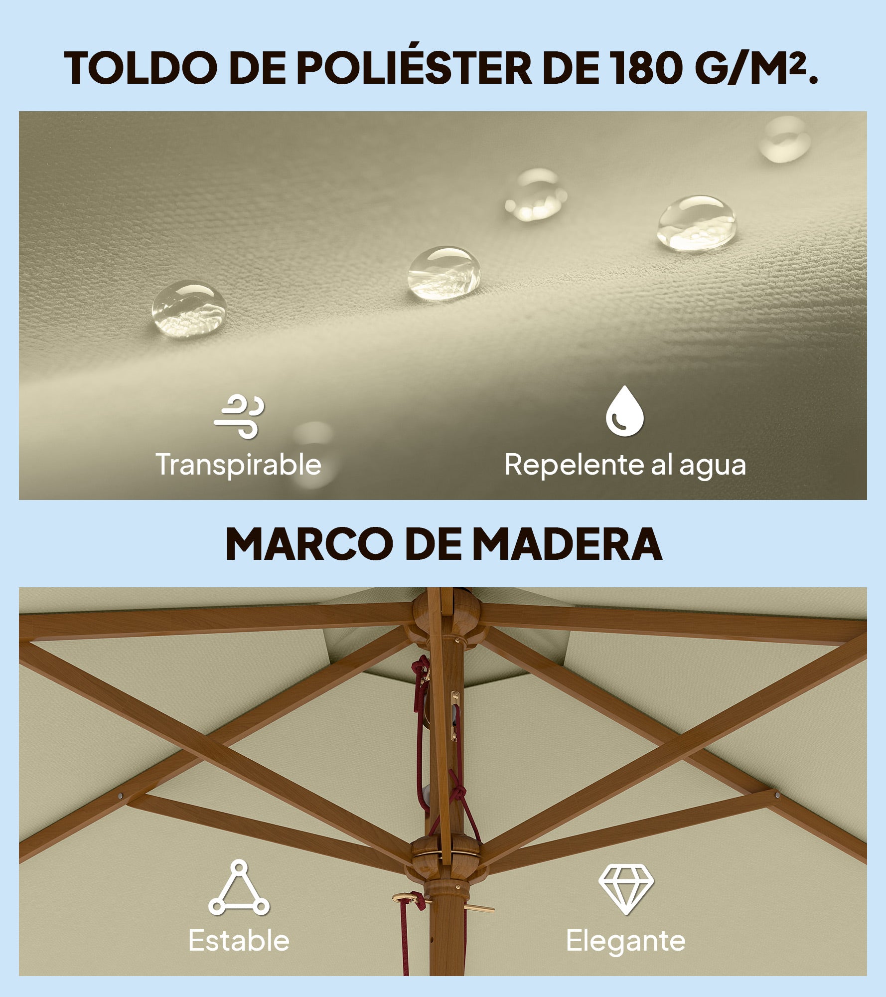 Outsunny Sombrilla de Jardín Ø250x230 cm Parasol de Terraza con 6 Varillas Poste Desmontable Anti-UV Impermeable y Marco de Madera para Playa Patio Crema
