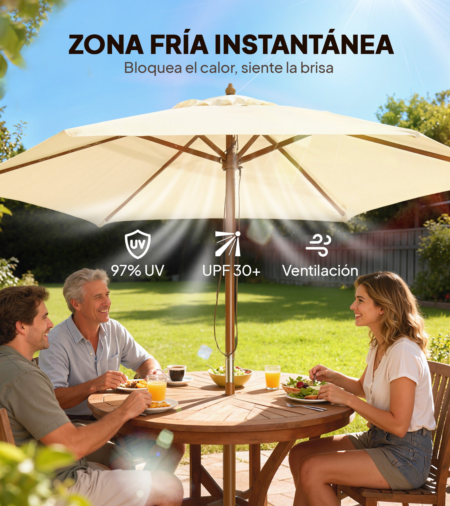 Outsunny Sombrilla de Jardín Ø250x230 cm Parasol de Terraza con 6 Varillas Poste Desmontable Anti-UV Impermeable y Marco de Madera para Playa Patio Crema