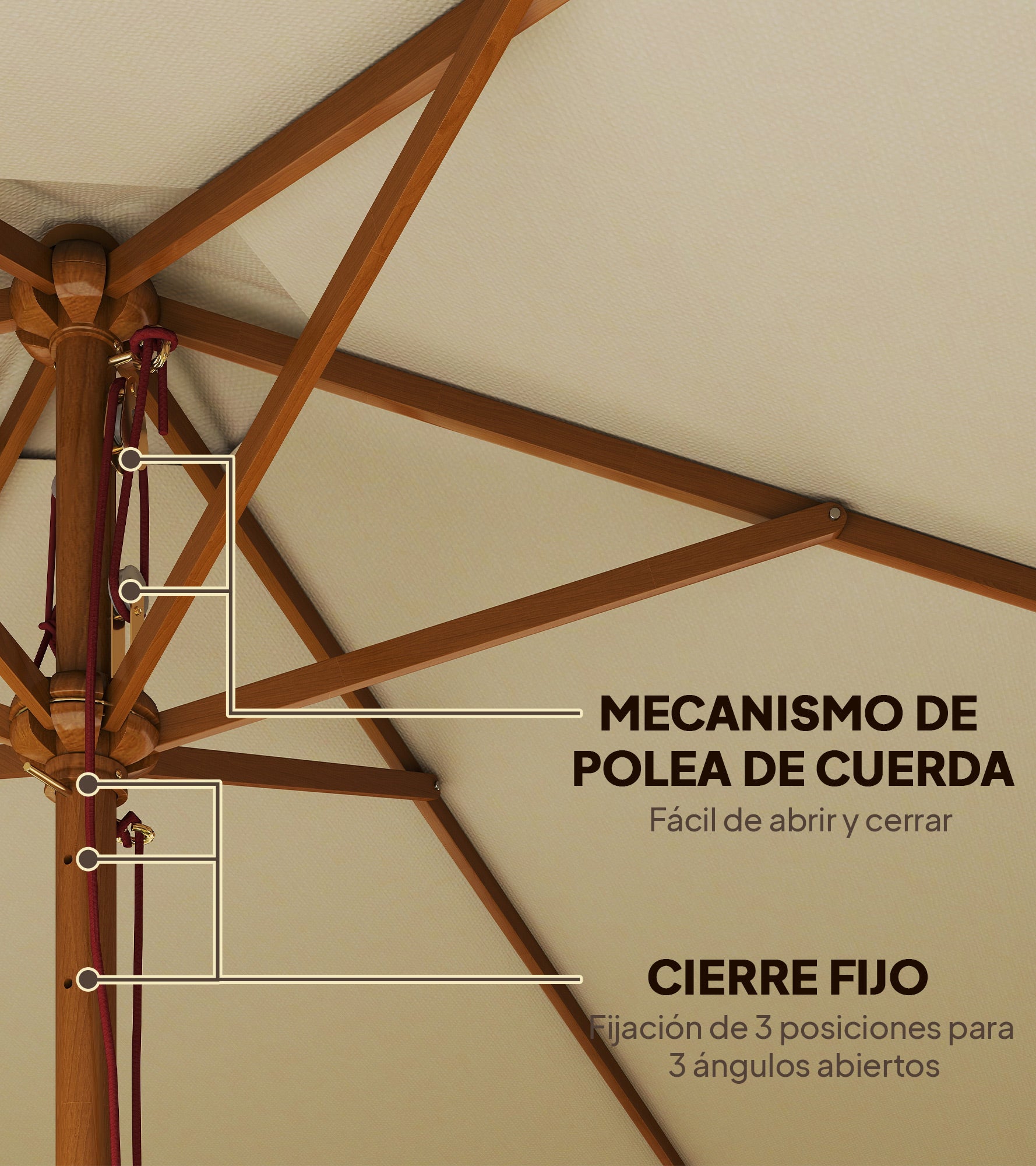 Outsunny Sombrilla de Jardín Ø250x230 cm Parasol de Terraza con 6 Varillas Poste Desmontable Anti-UV Impermeable y Marco de Madera para Playa Patio Crema