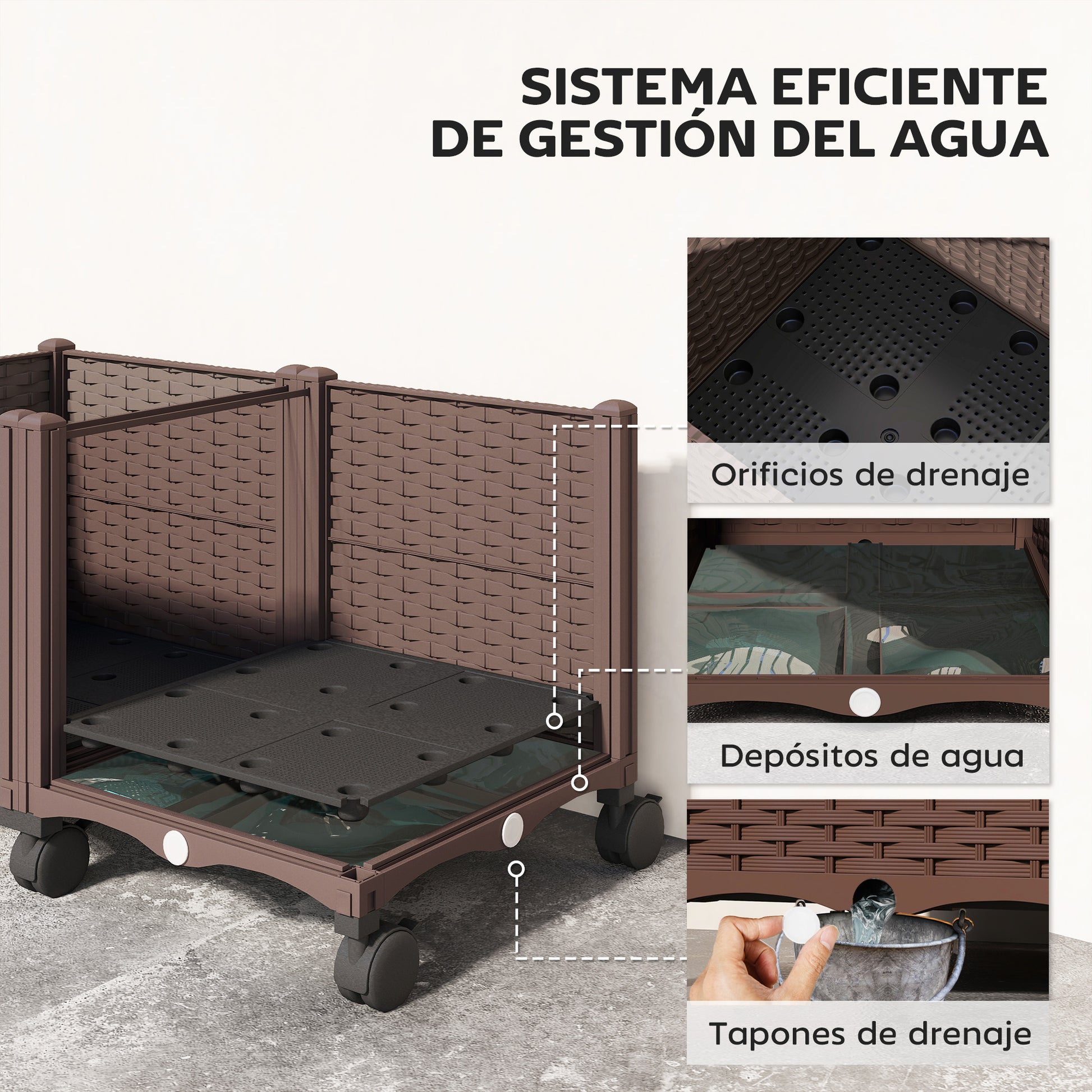 Outsunny Jardinera Elevada con 6 Ruedas, Jardinera Exterior Móvil de Plástico con Riego Automático y Drenaje, Macetero Exterior para Cultivos, Plantas, Jardín, Terraza, 80x40x43 cm, Marrón