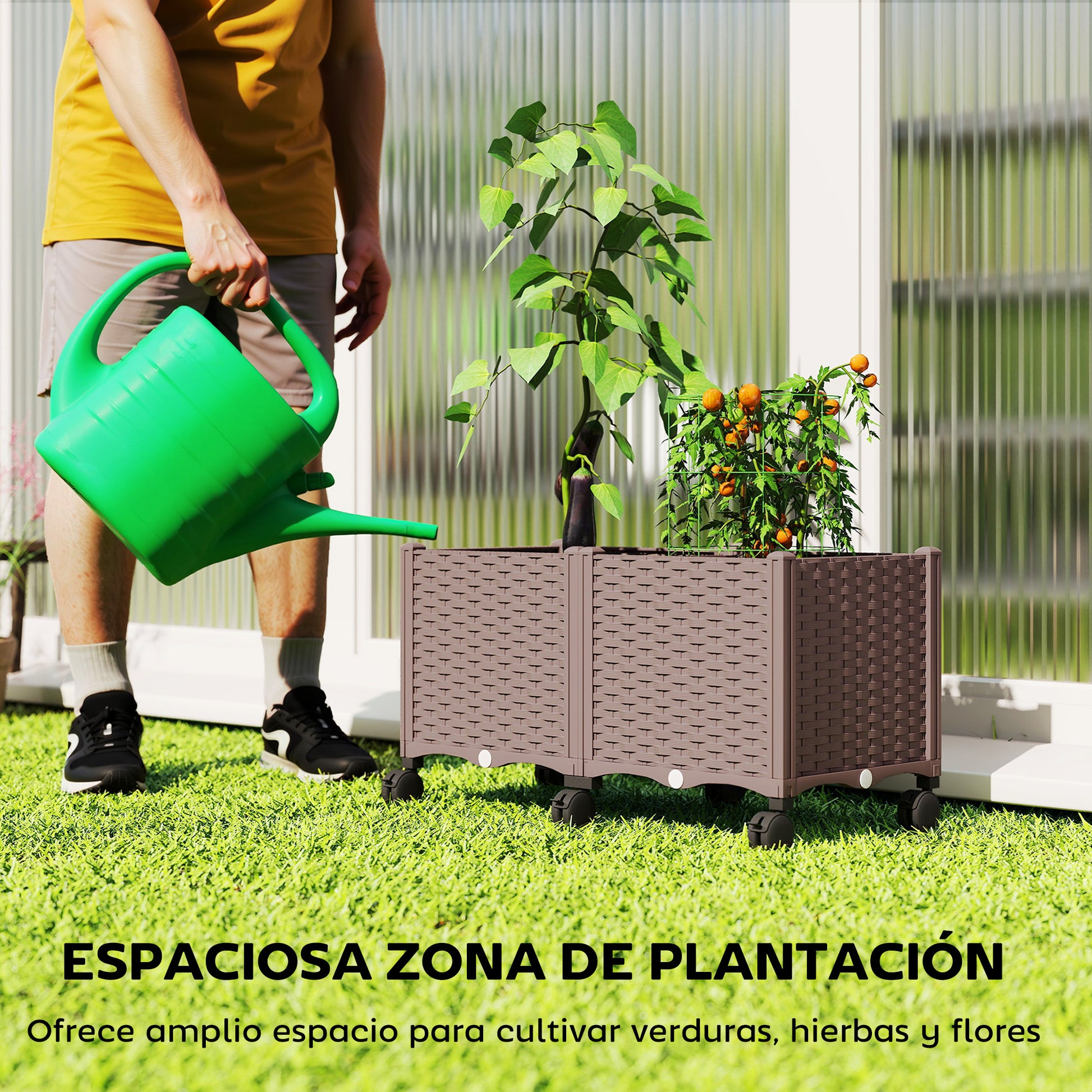 Outsunny Jardinera Elevada con 6 Ruedas, Jardinera Exterior Móvil de Plástico con Riego Automático y Drenaje, Macetero Exterior para Cultivos, Plantas, Jardín, Terraza, 80x40x43 cm, Marrón