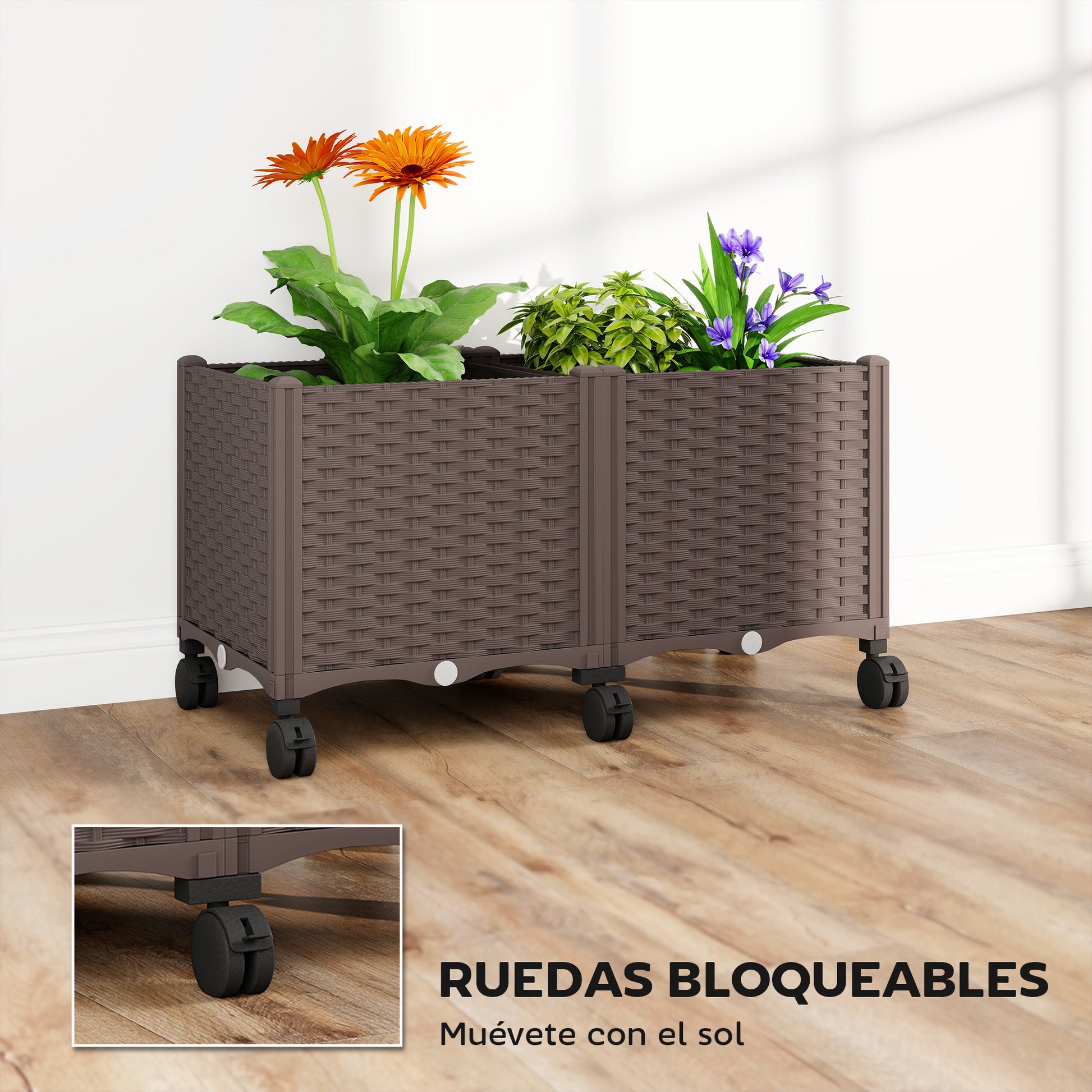 Outsunny Jardinera Elevada con 6 Ruedas, Jardinera Exterior Móvil de Plástico con Riego Automático y Drenaje, Macetero Exterior para Cultivos, Plantas, Jardín, Terraza, 80x40x43 cm, Marrón