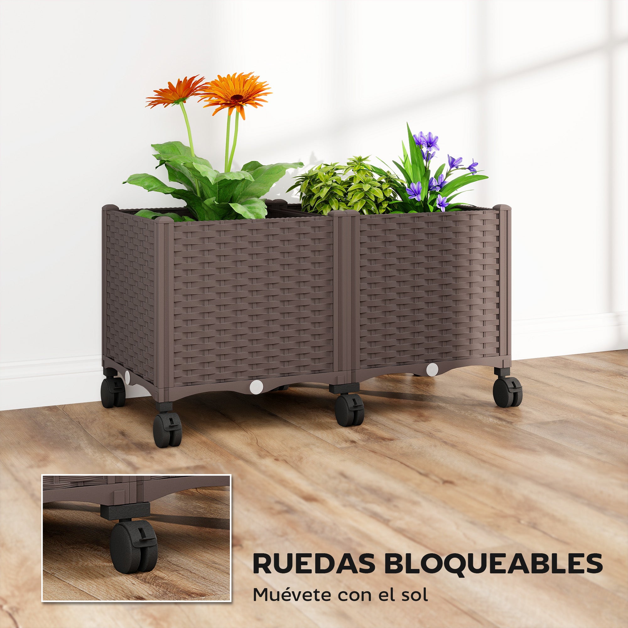 Outsunny Jardinera Elevada con 6 Ruedas, Jardinera Exterior Móvil de Plástico con Riego Automático y Drenaje, Macetero Exterior para Cultivos, Plantas, Jardín, Terraza, 80x40x43 cm, Marrón