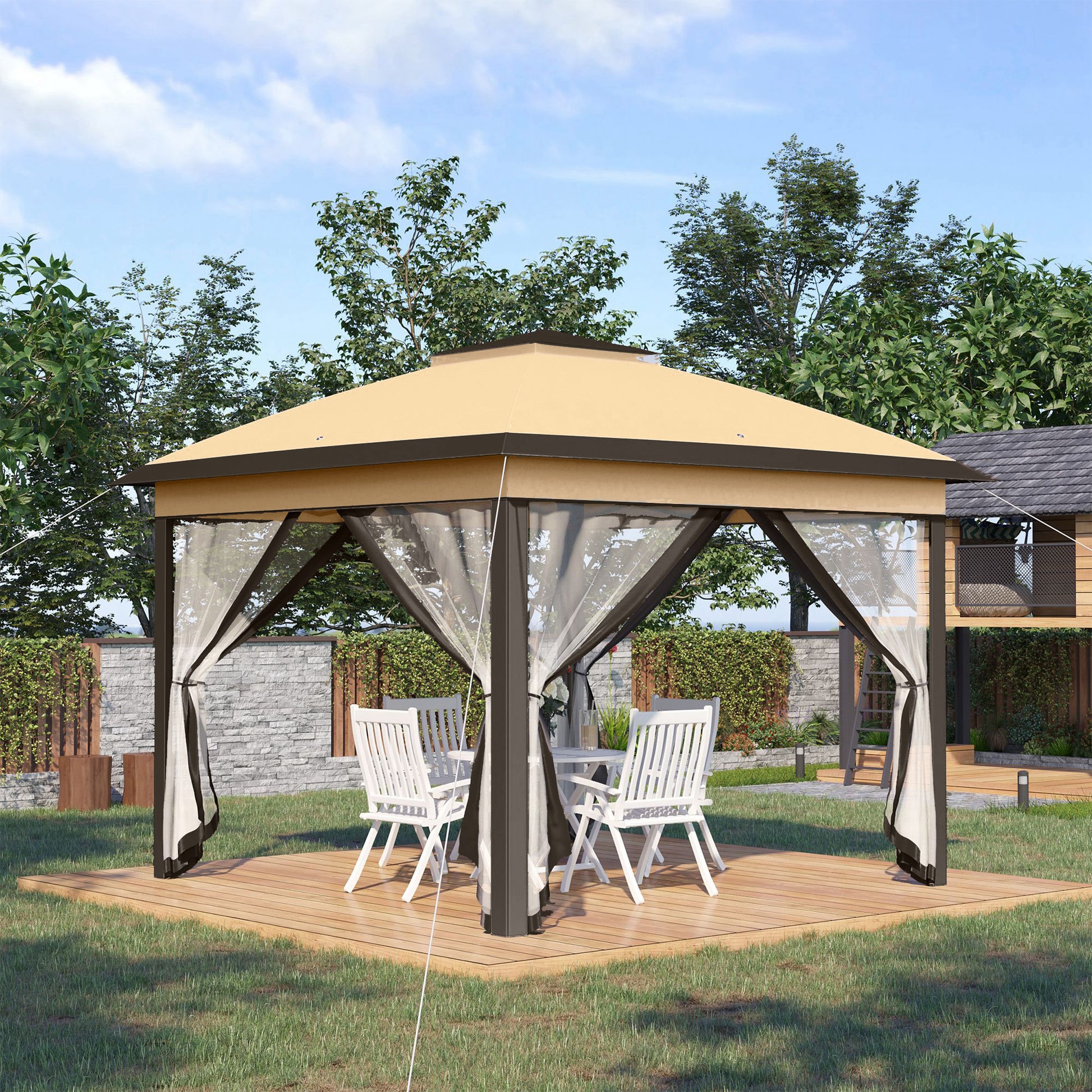 Outsunny Carpa Plegable 3,3x3,3 m Cenador de Jardín con Altura Ajustable en 3 Niveles Doble Techo 4 Mosquiteras Extraíbles y Bolsa de Transporte Impermeable Anti-UV Gazebo para Exterior Fiestas Beige