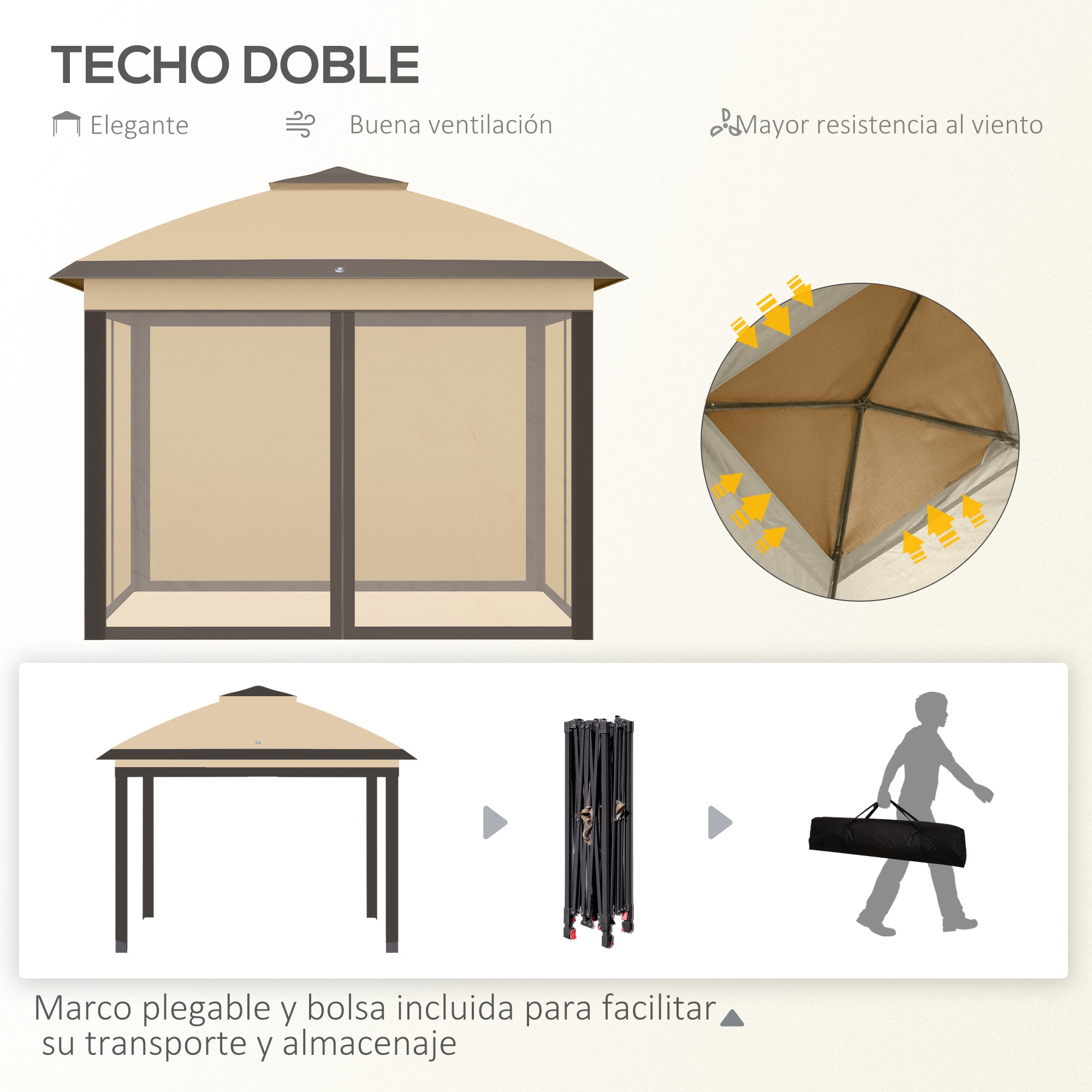 Outsunny Carpa Plegable 3,3x3,3 m Cenador de Jardín con Altura Ajustable en 3 Niveles Doble Techo 4 Mosquiteras Extraíbles y Bolsa de Transporte Impermeable Anti-UV Gazebo para Exterior Fiestas Beige