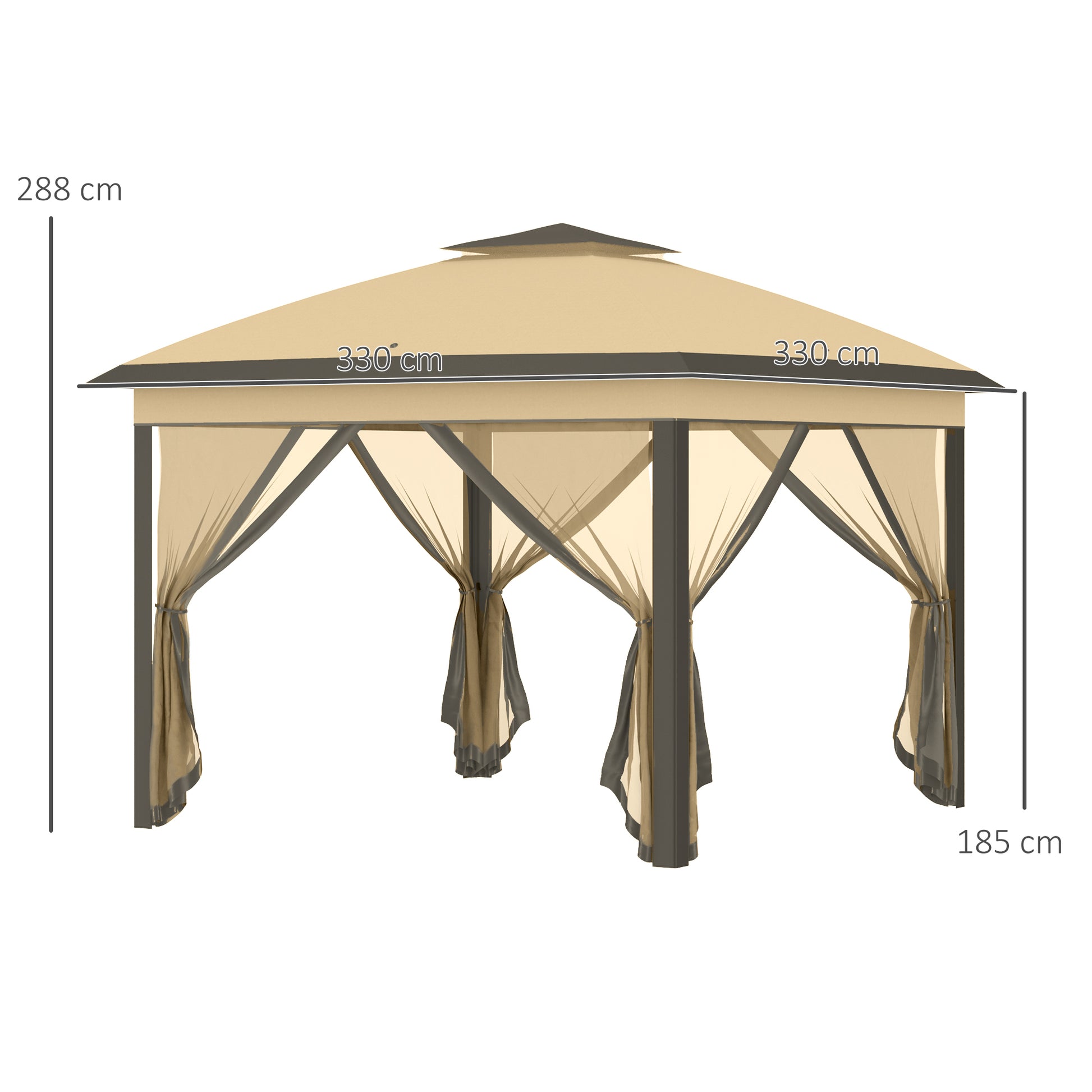 Outsunny Carpa Plegable 3,3x3,3 m Cenador de Jardín con Altura Ajustable en 3 Niveles Doble Techo 4 Mosquiteras Extraíbles y Bolsa de Transporte Impermeable Anti-UV Gazebo para Exterior Fiestas Beige