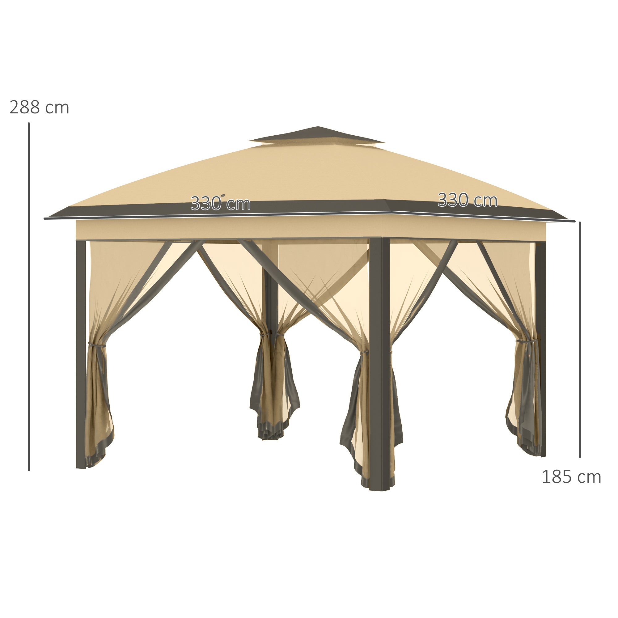 Outsunny Carpa Plegable 3,3x3,3 m Cenador de Jardín con Altura Ajustable en 3 Niveles Doble Techo 4 Mosquiteras Extraíbles y Bolsa de Transporte Impermeable Anti-UV Gazebo para Exterior Fiestas Beige
