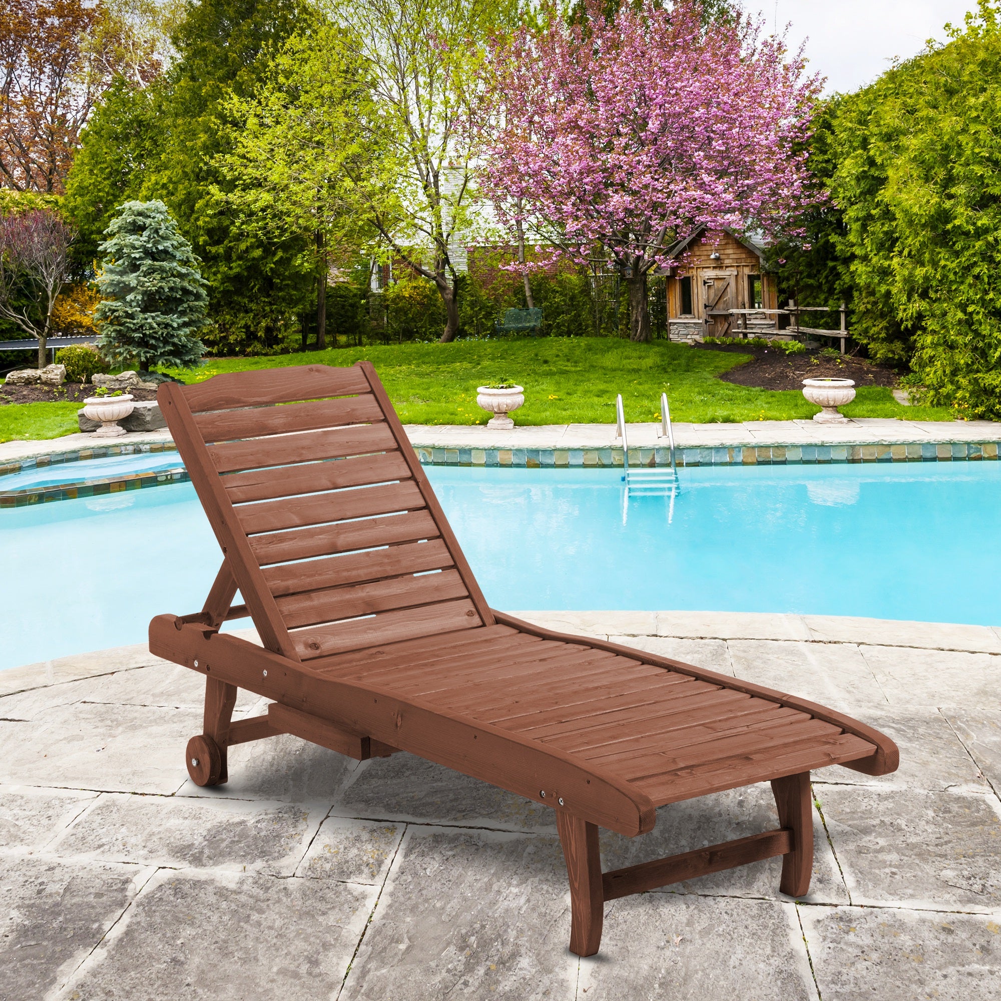 Outsunny Tumbona de Madera Exterior Silla Reclinable de Jardín con 2 Ruedas Respaldo Ajustable en 3 Niveles y 1 Bandeja Carga 130 kg para Terraza Patio Natural