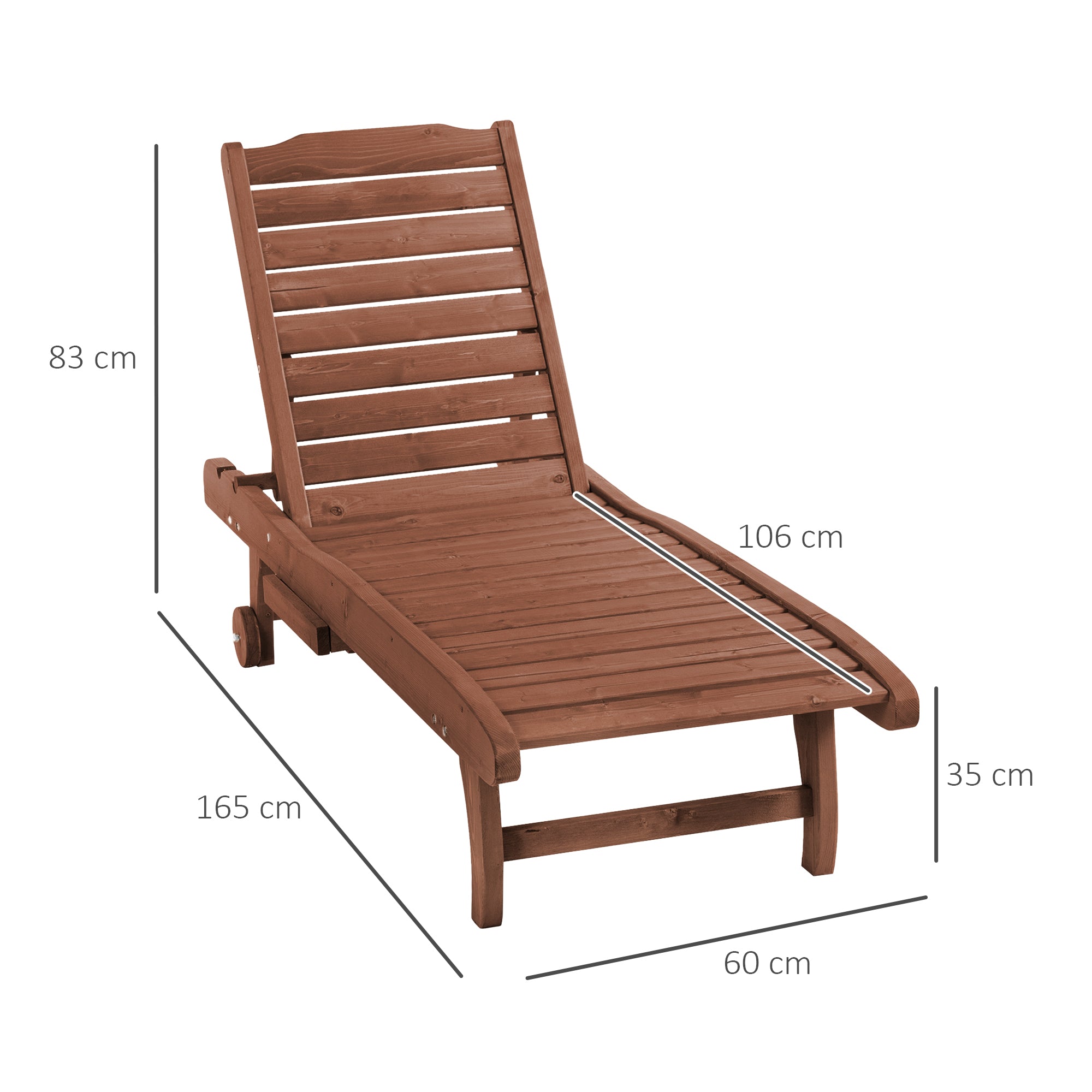 Outsunny Tumbona de Madera Exterior Silla Reclinable de Jardín con 2 Ruedas Respaldo Ajustable en 3 Niveles y 1 Bandeja Carga 130 kg para Terraza Patio Natural