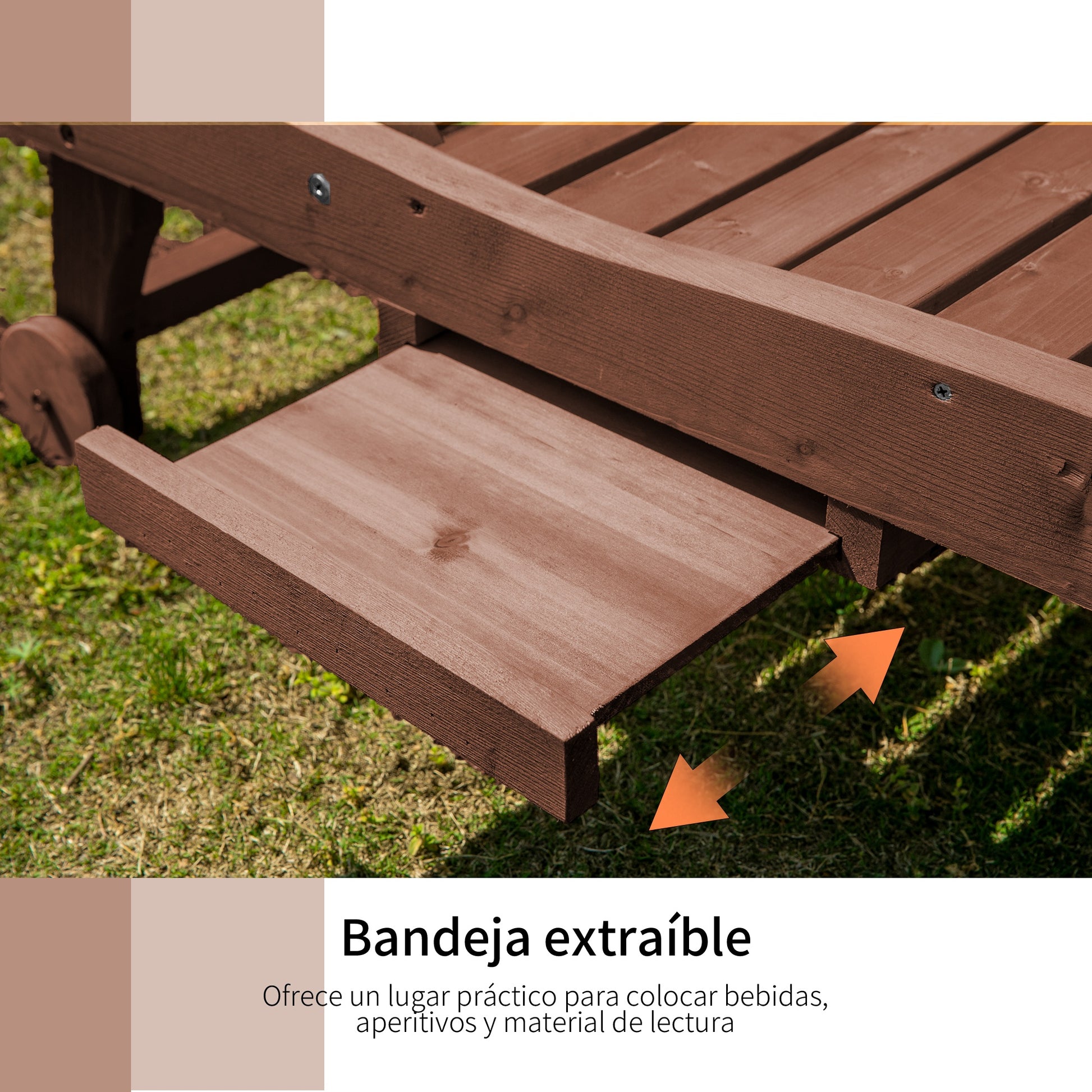Outsunny Tumbona de Madera Exterior Silla Reclinable de Jardín con 2 Ruedas Respaldo Ajustable en 3 Niveles y 1 Bandeja Carga 130 kg para Terraza Patio Natural