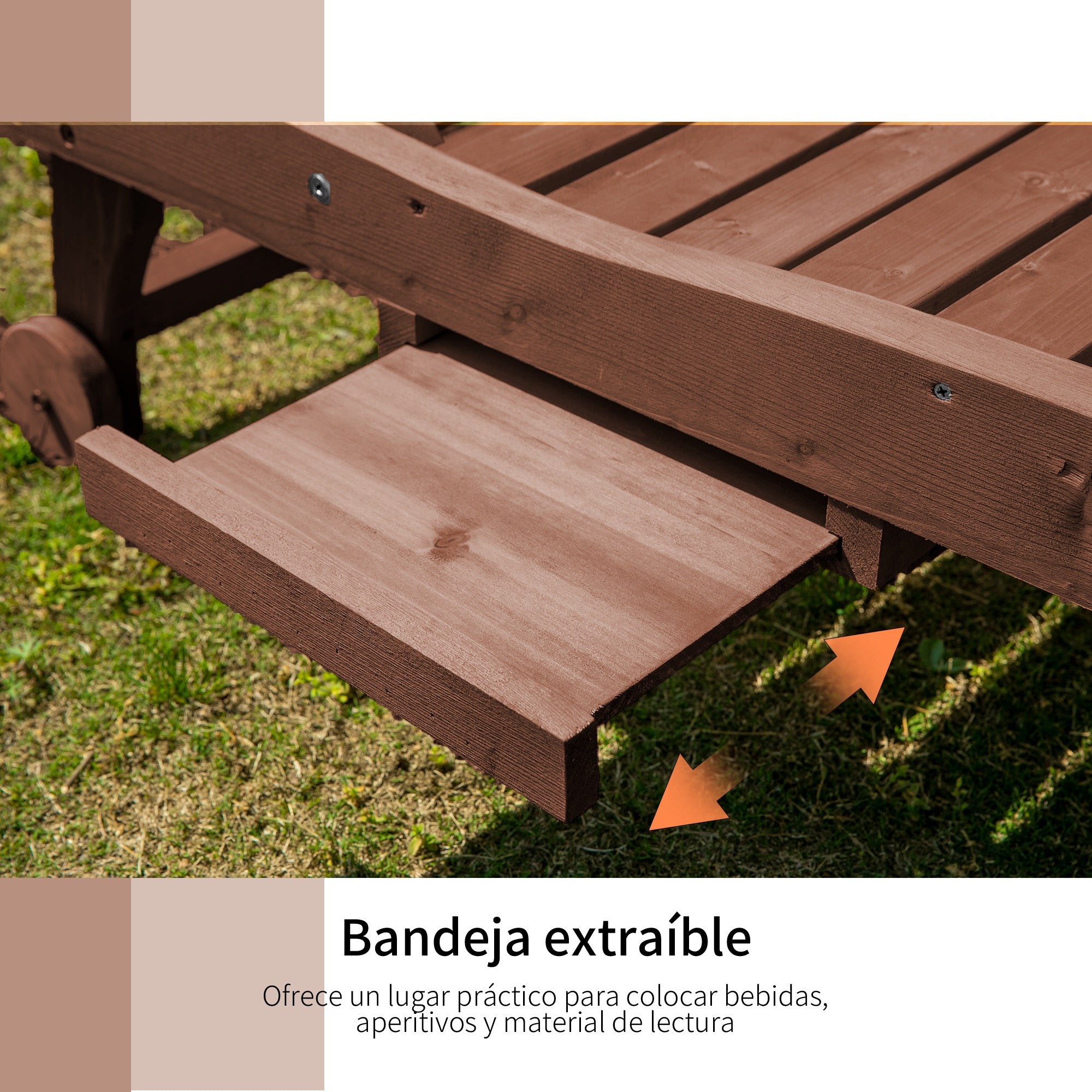 Outsunny Tumbona de Madera Exterior Silla Reclinable de Jardín con 2 Ruedas Respaldo Ajustable en 3 Niveles y 1 Bandeja Carga 130 kg para Terraza Patio Natural