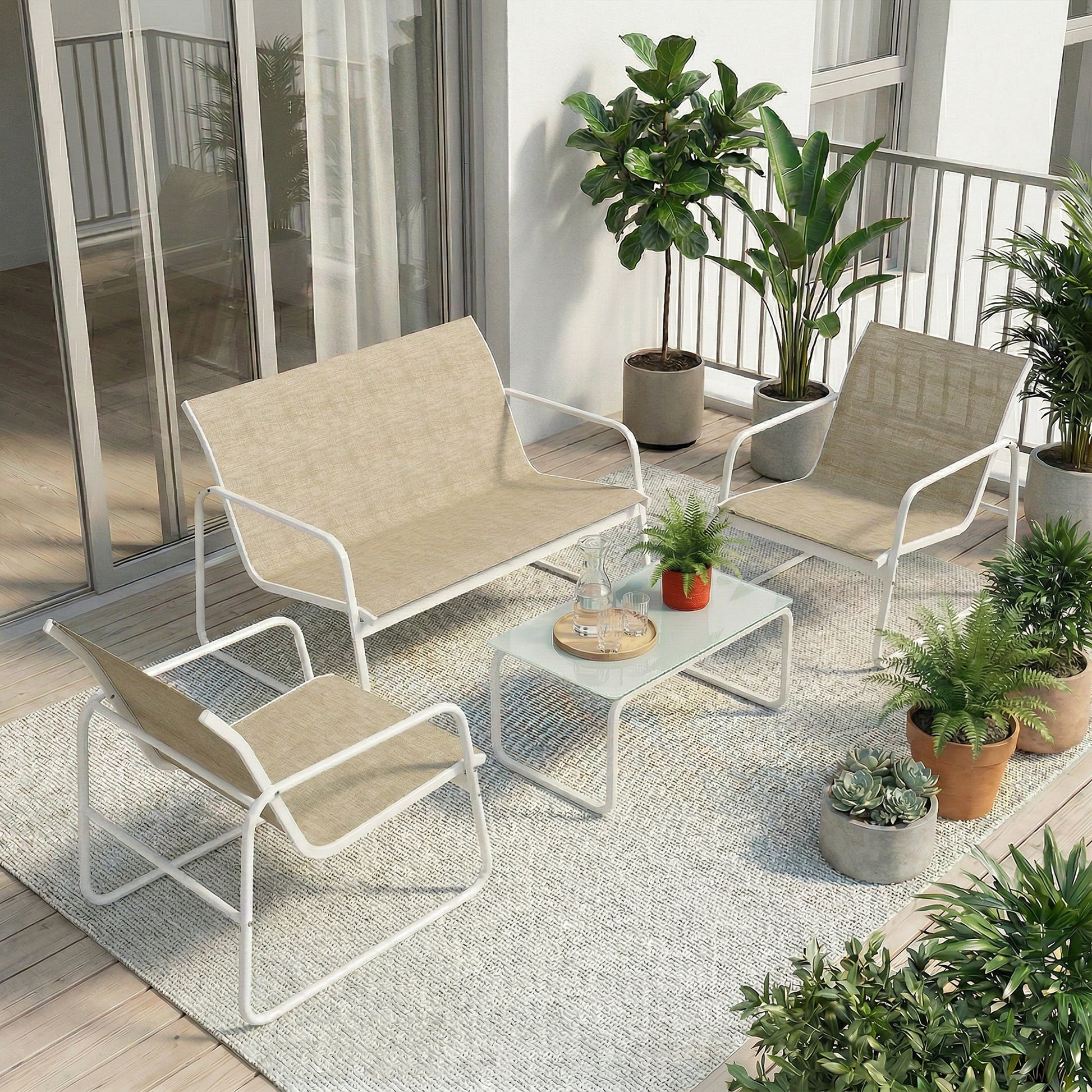 Outsunny Conjunto Jardín Exterior de 4 Piezas, Muebles Jardín Exterior con Sofá de 2 Plazas, 2 Sillones, Mesa de Vidrio Templado, Tela de Textilene Transpirable, Estructura de Acero, Caqui