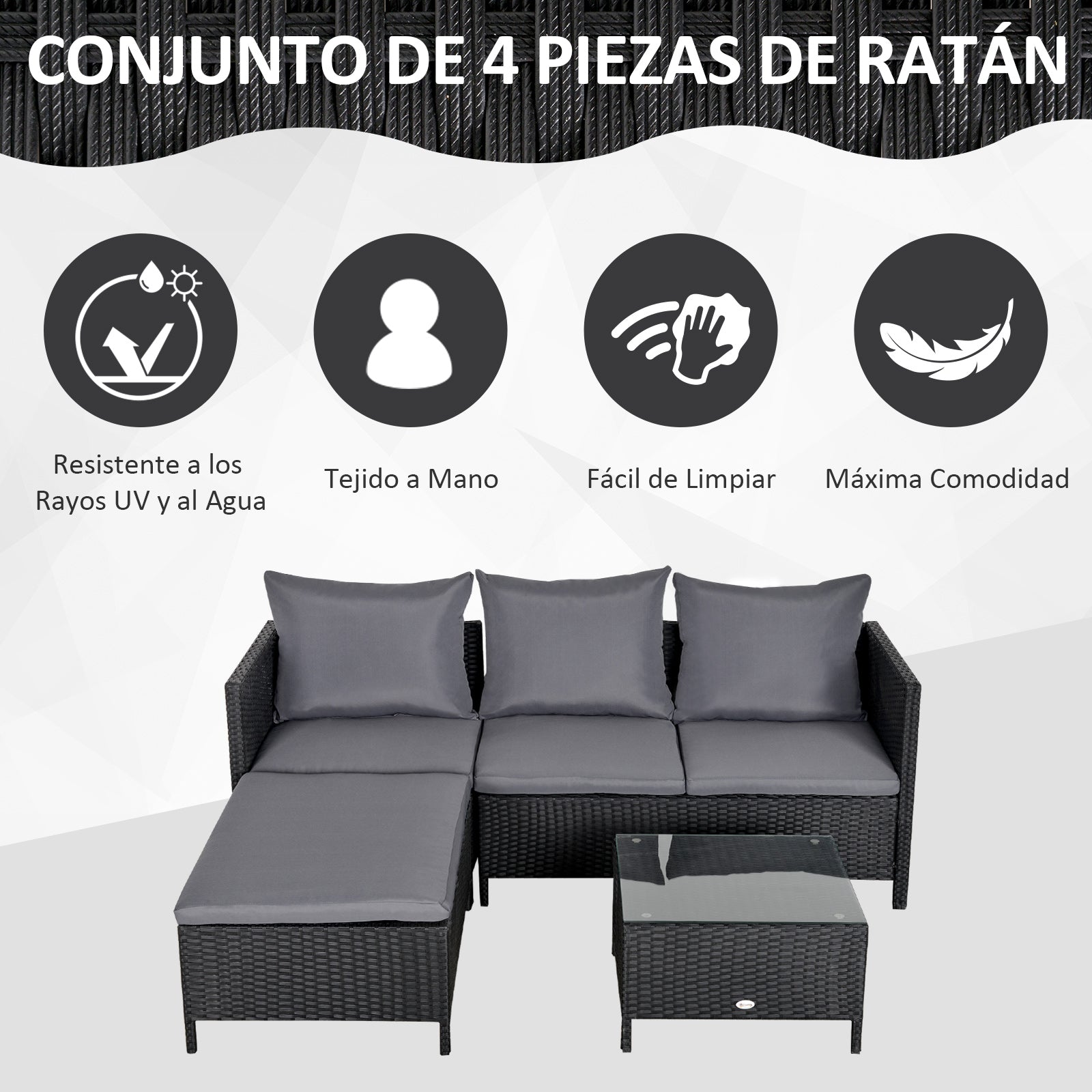 Outsunny Conjunto de Muebles de Jardín 4 Piezas Ratán Doble Sofá Mesa de Café Taburete con Cojines Acolchados para Exteriores Marco de Metal Negro